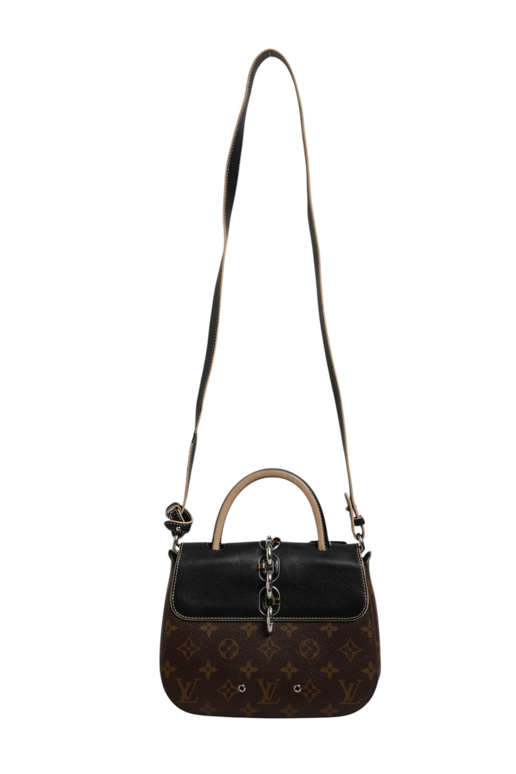 Sac à main Louis Vuitton Calfskin Monogram Chain It Bag PM noir, avec chaîne en métal et logo LV visible.