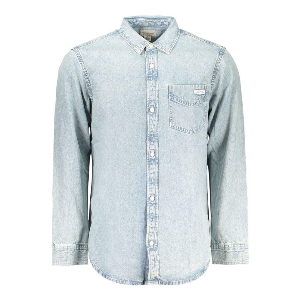 Chemise homme en coton Calvin Klein Azzurro, élégante et classique, avec col et manches longues, vue de face.