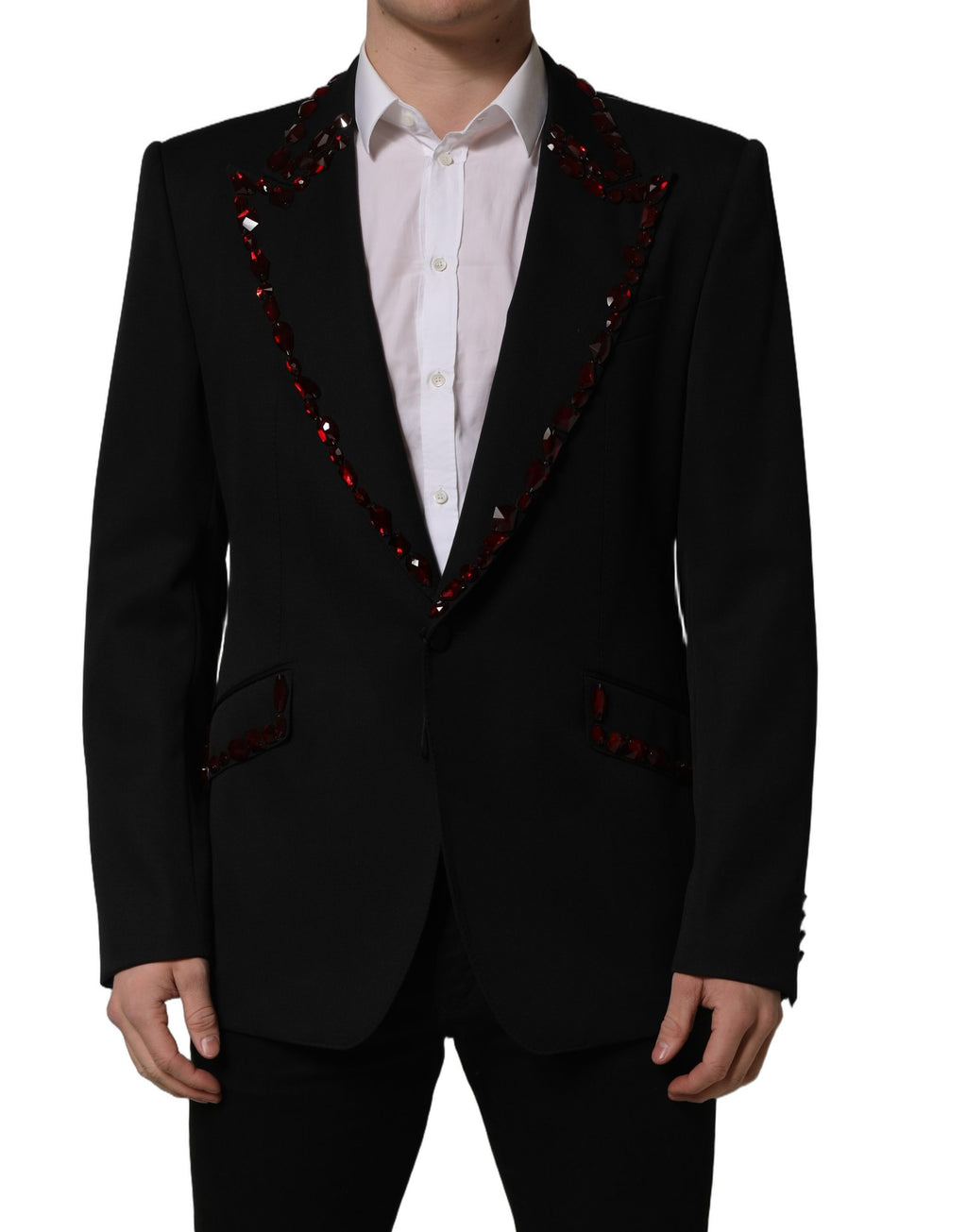 Veste blazer noire Dolce & Gabbana ornée de cristaux, élégante avec détails scintillants et coupe sophistiquée.
