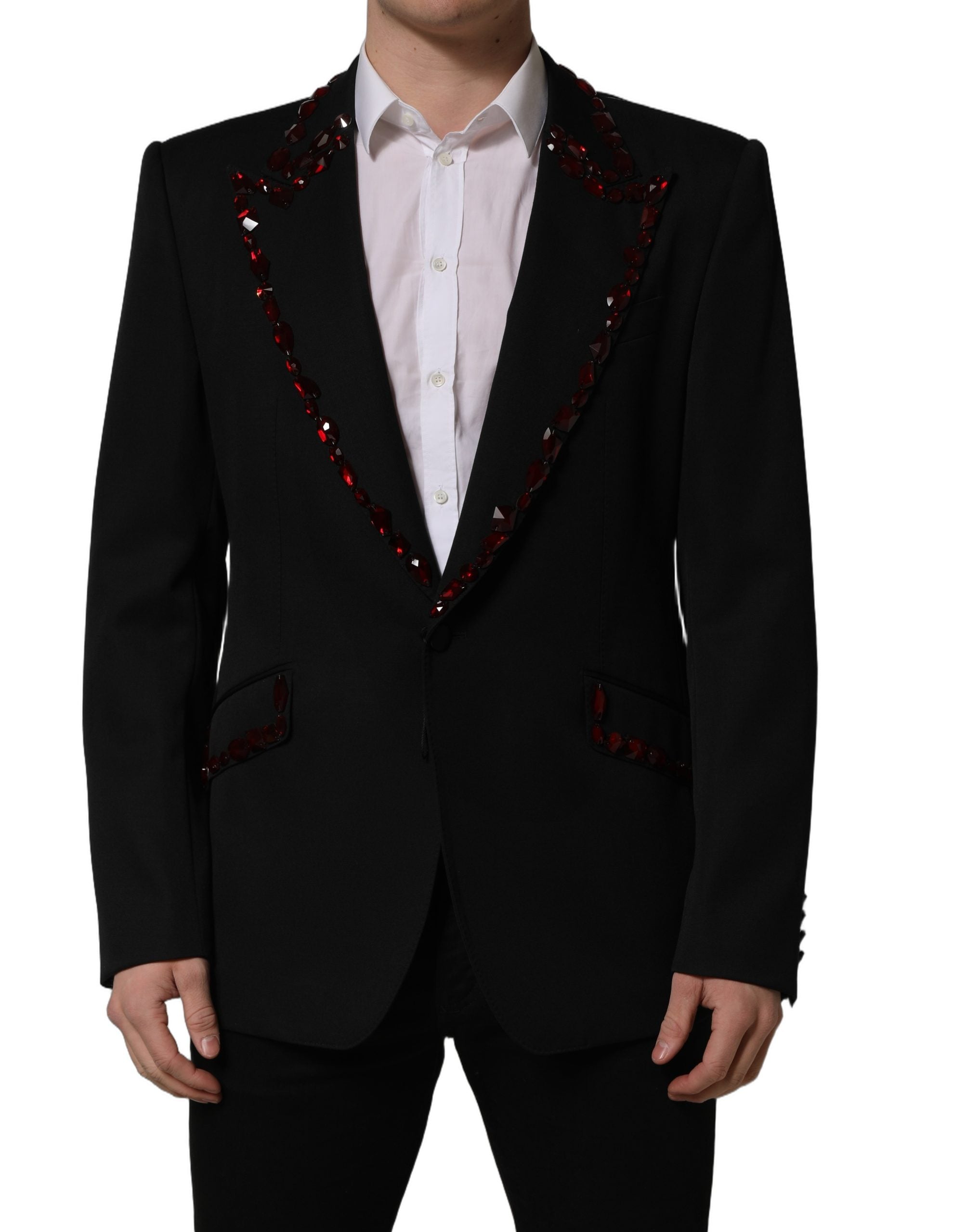 Veste blazer noire Dolce & Gabbana ornée de cristaux, élégante avec détails scintillants et coupe sophistiquée.
