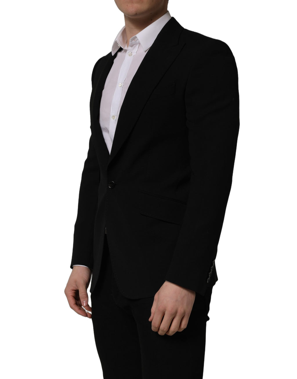 Blazer homme noir en laine à un bouton de Dolce & Gabbana, veste élégante à col revers et poches latérales.