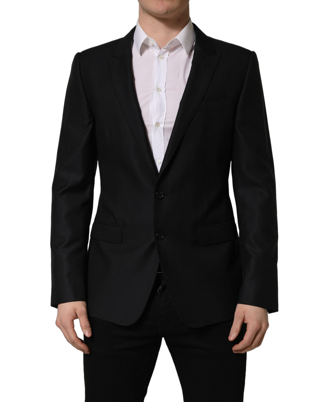 Veste blazer homme en laine noire Dolce & Gabbana à un bouton, coupe classique et élégante, vue frontale.