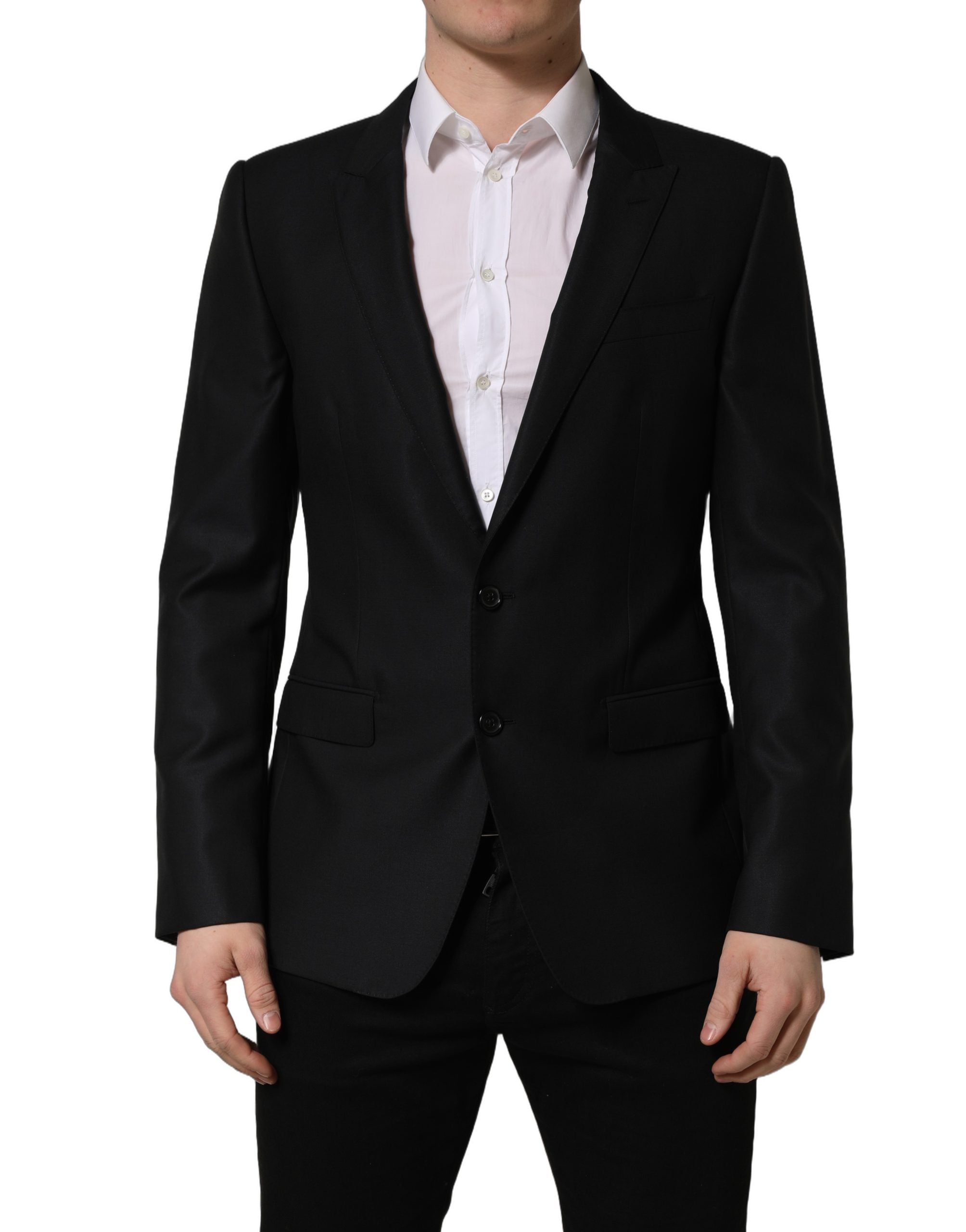 Veste blazer homme en laine noire Dolce & Gabbana à un bouton, coupe classique et élégante, vue frontale.