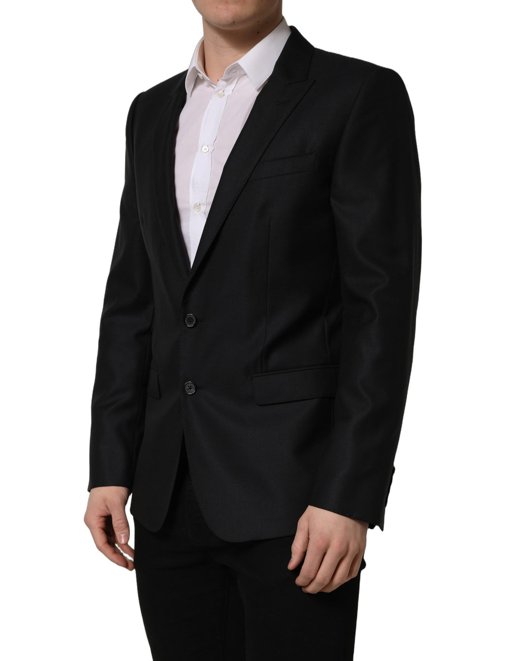 Blazer homme en laine noire Dolce & Gabbana, veste à simple boutonnage, élégante et classique.