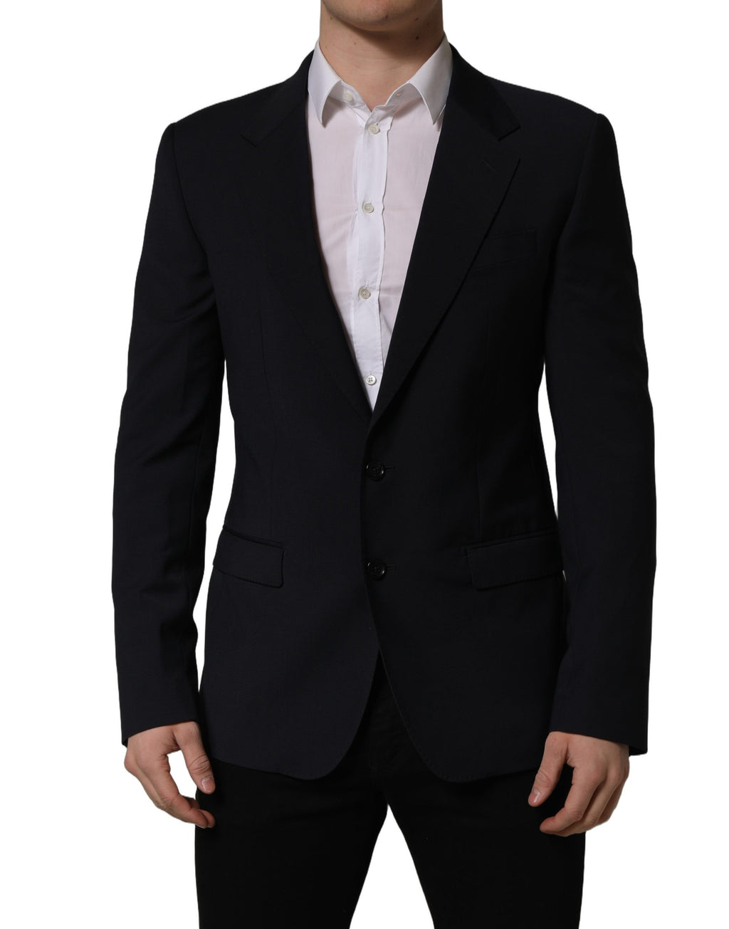 Blazer pour homme Dolce & Gabbana en laine noire à un bouton, coupe classique, détails élégants et finition soignée.
