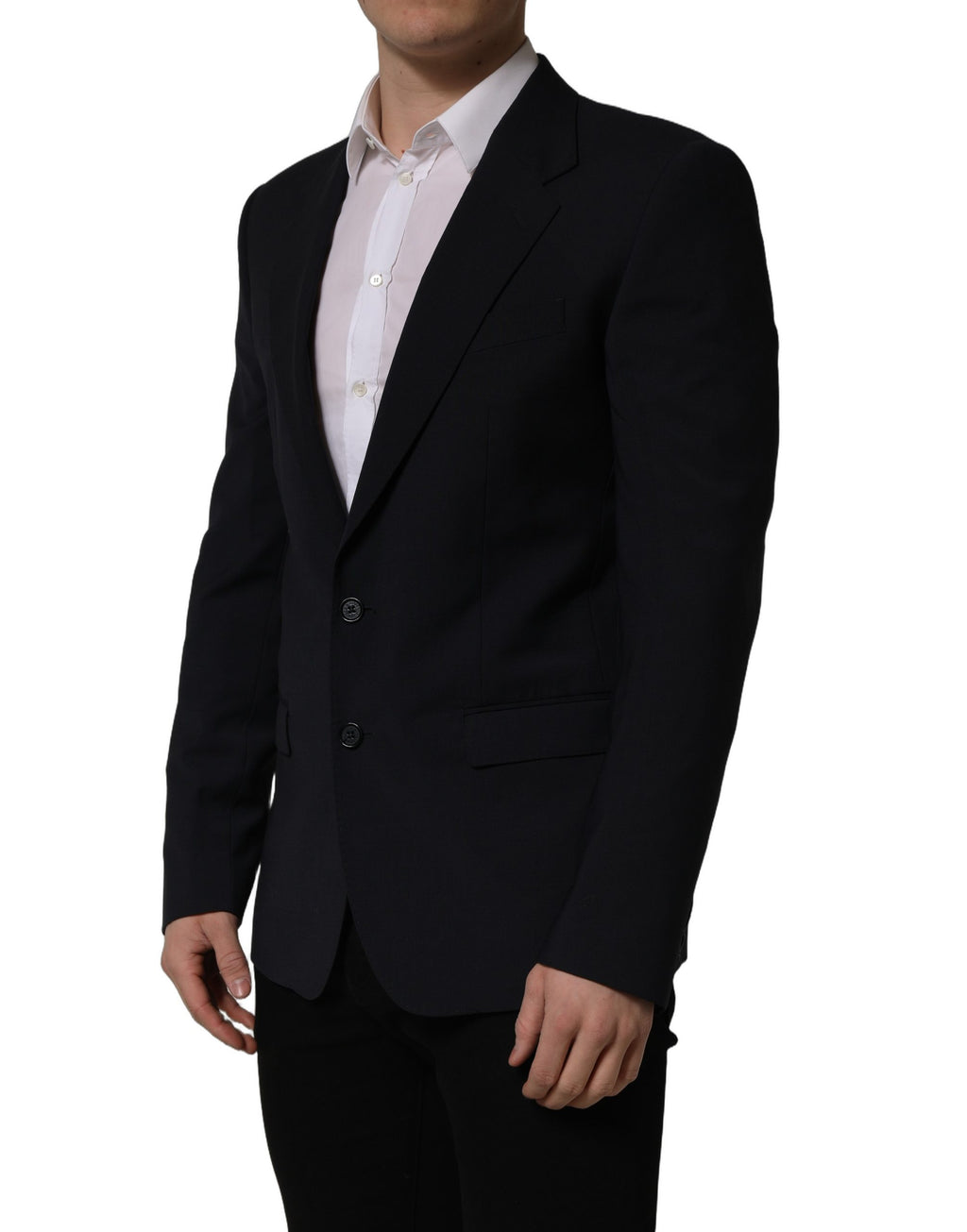 Costume pour homme Dolce & Gabbana en laine noire, blazer à un bouton, coupe élégante et classique.