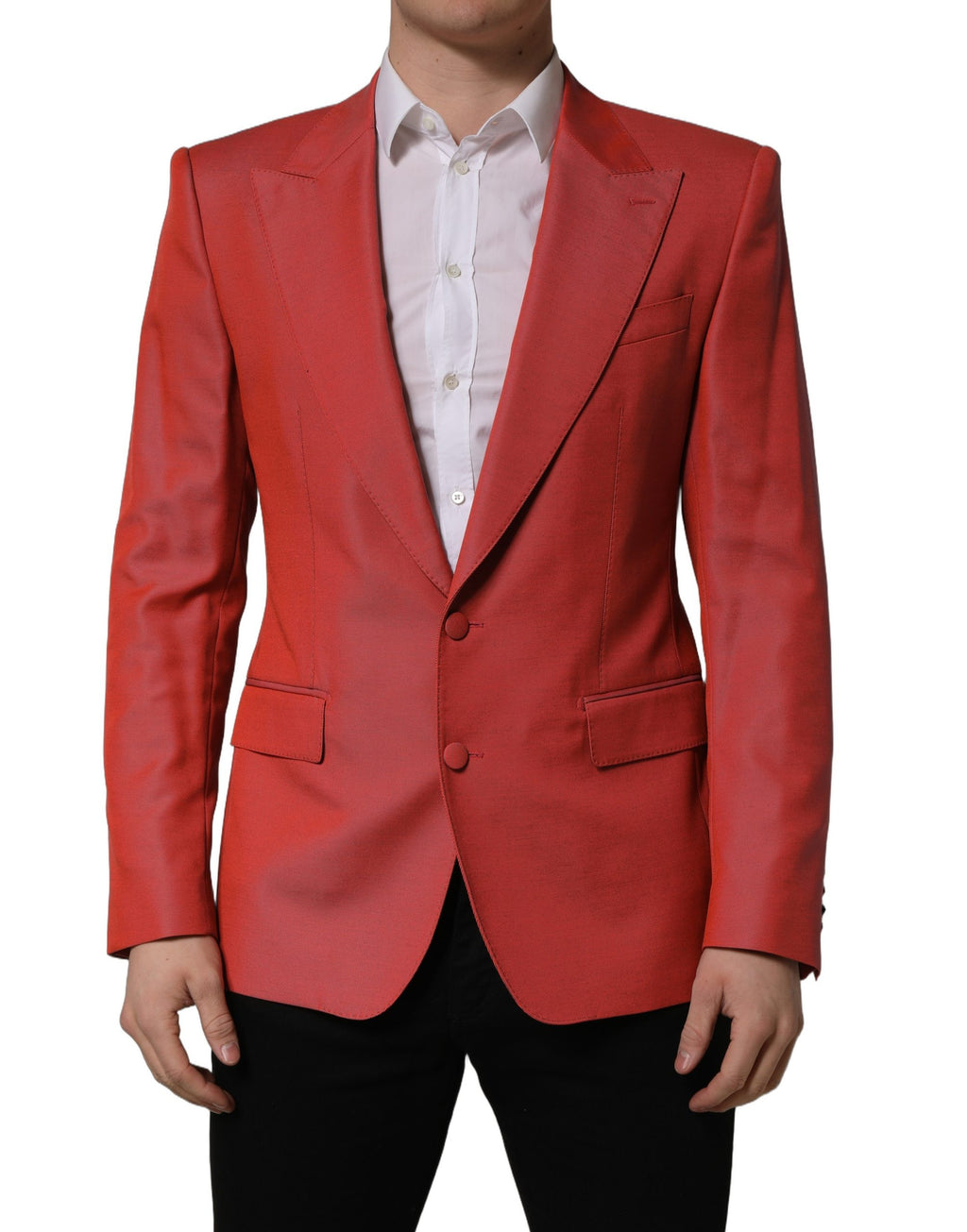 Veste homme Dolce & Gabbana en laine rouge, blazer à un bouton, coupe ajustée et élégante, vue de face.