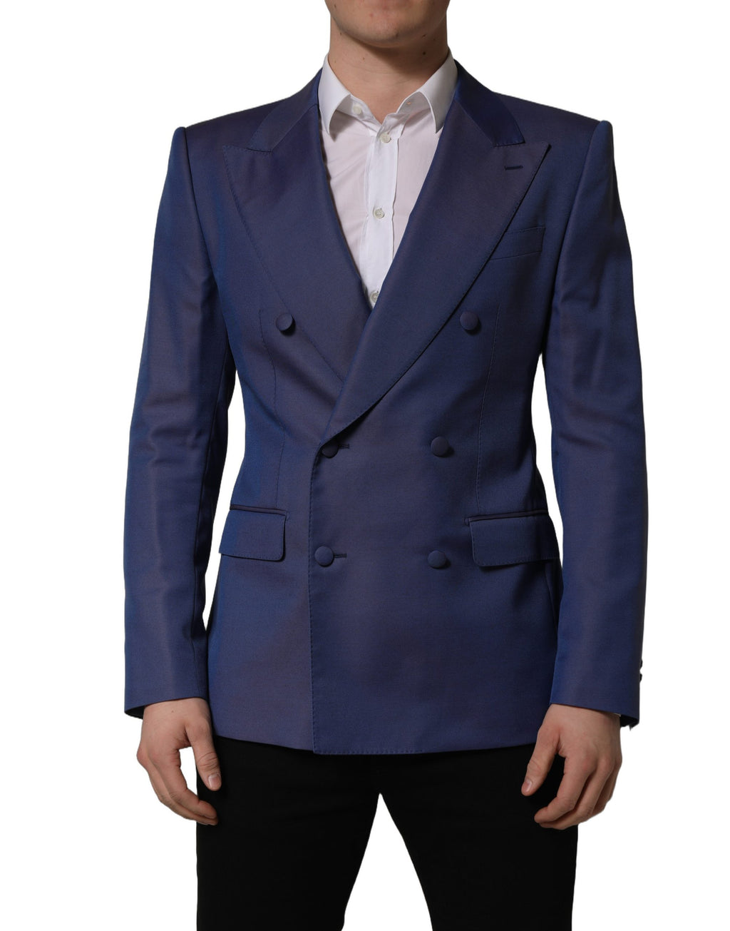 Veste blazer pour homme Dolce & Gabbana en laine bleue, à double boutonnage et coupe élégante.