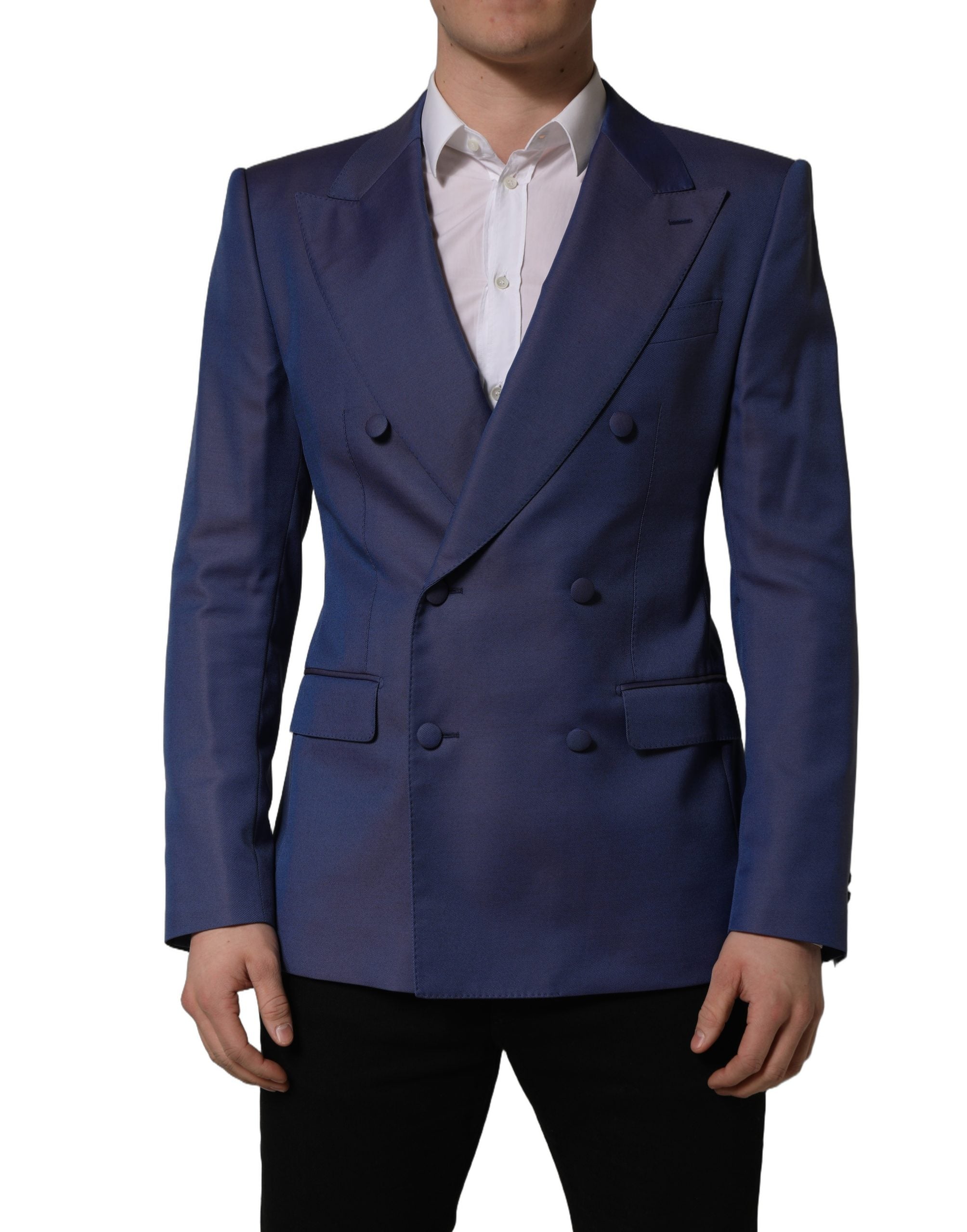 Veste blazer pour homme Dolce & Gabbana en laine bleue, à double boutonnage et coupe élégante.