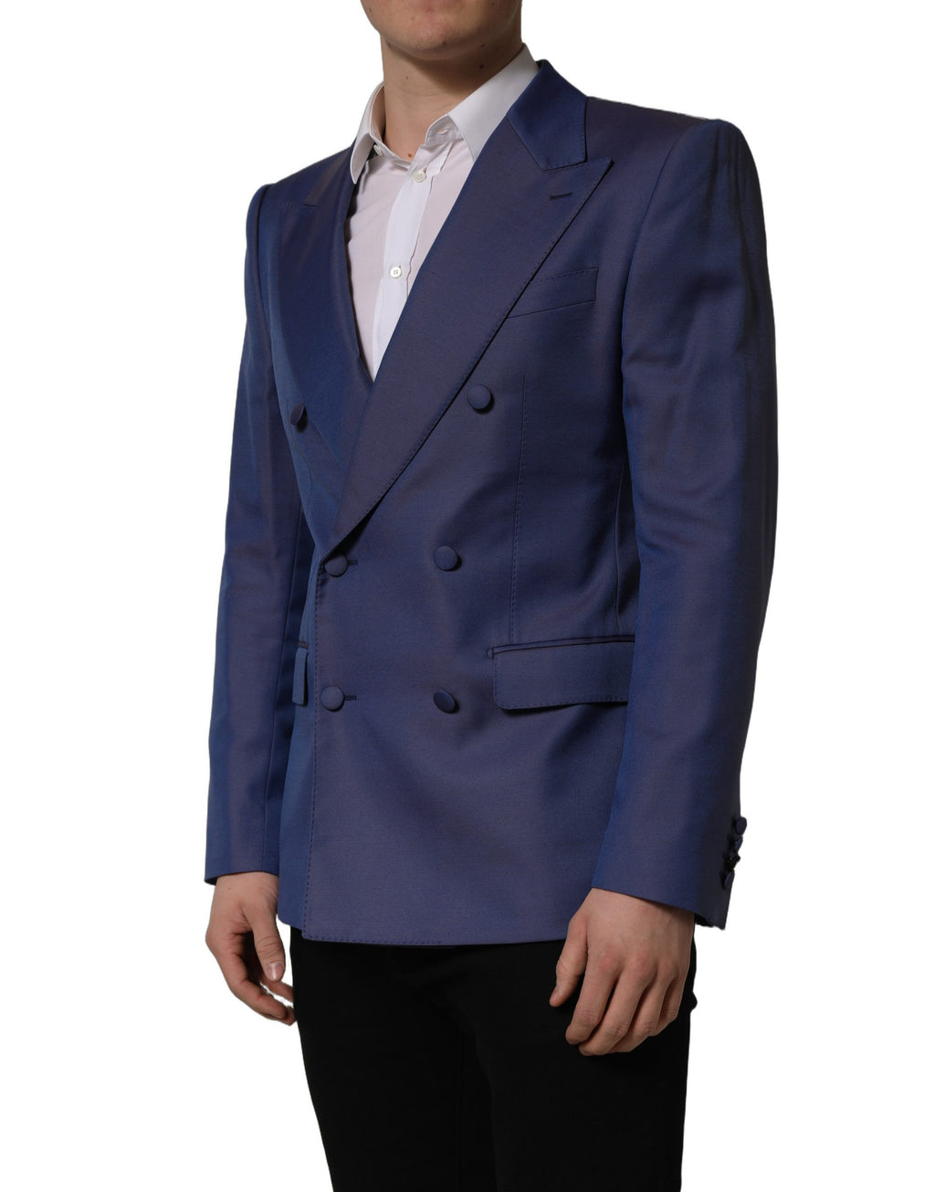 Blazer homme en laine bleue à double boutonnage de Dolce & Gabbana, veste élégante avec col cranté et poches.