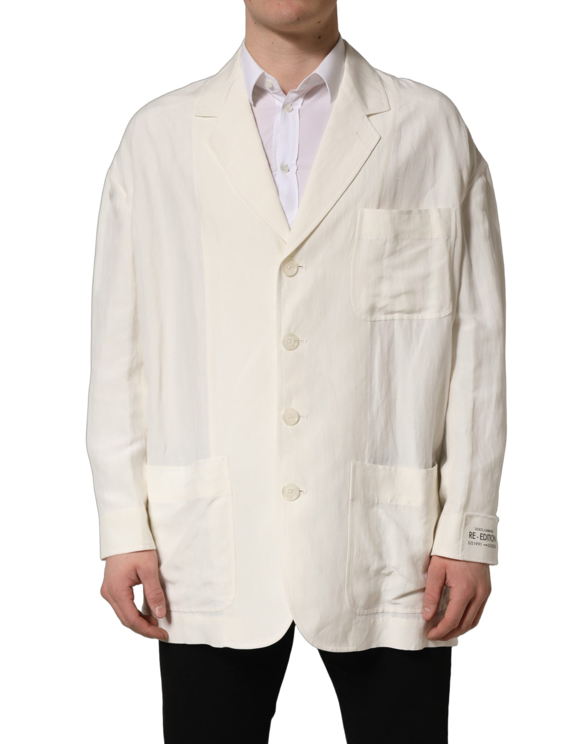 Veste blazer Dolce & Gabbana en lin blanc cassé, à un bouton, style simple et élégant, vue de face.