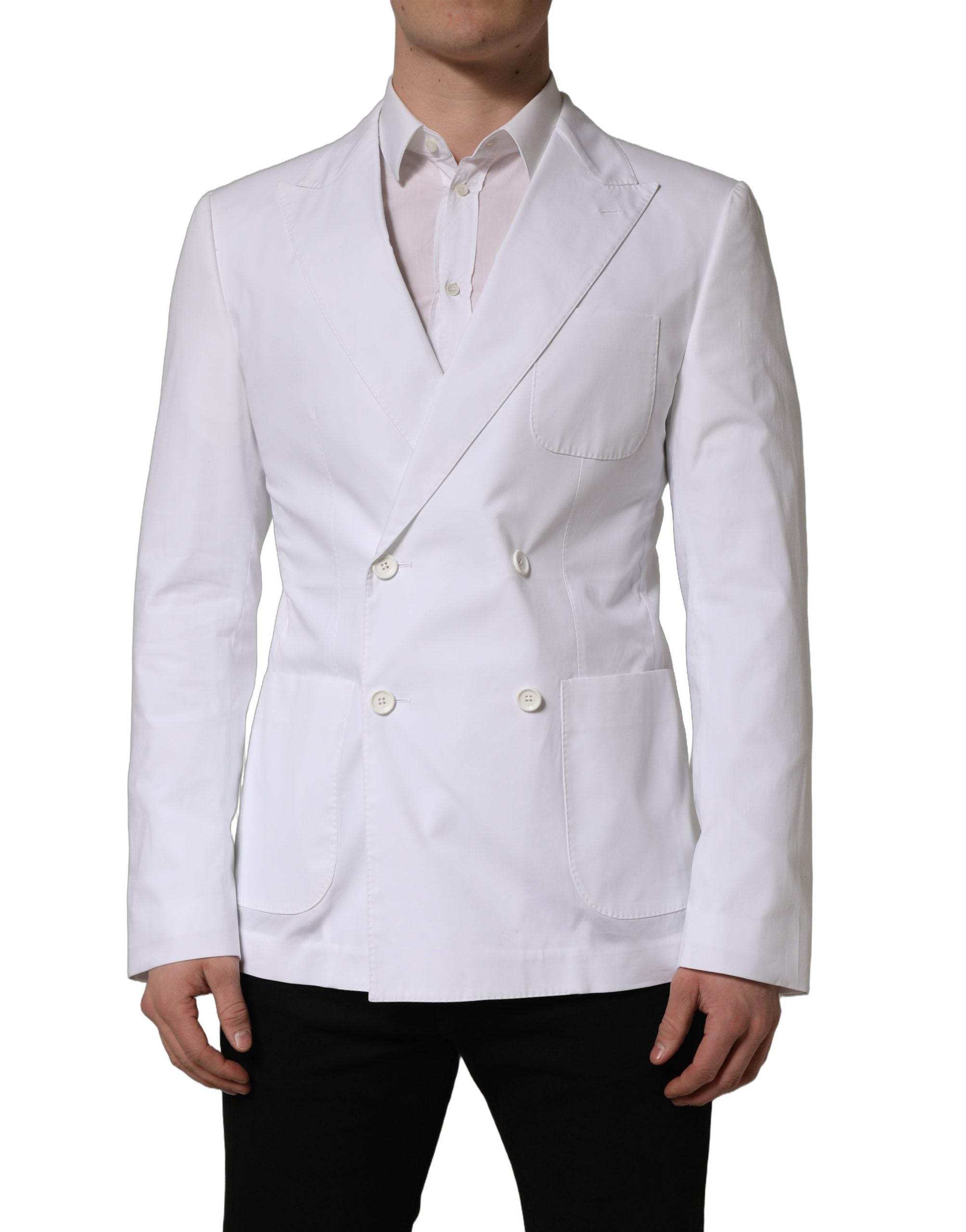 Veste blazer blanche en coton à double boutonnage de Dolce & Gabbana, vue de face, élégante et sophistiquée.