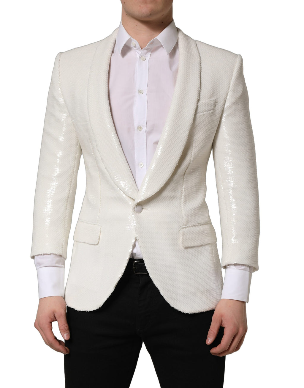 Veste blazer blanche en viscose de Dolce & Gabbana, coupe simple avec boutons devant, élégance classique et sophistiquée.