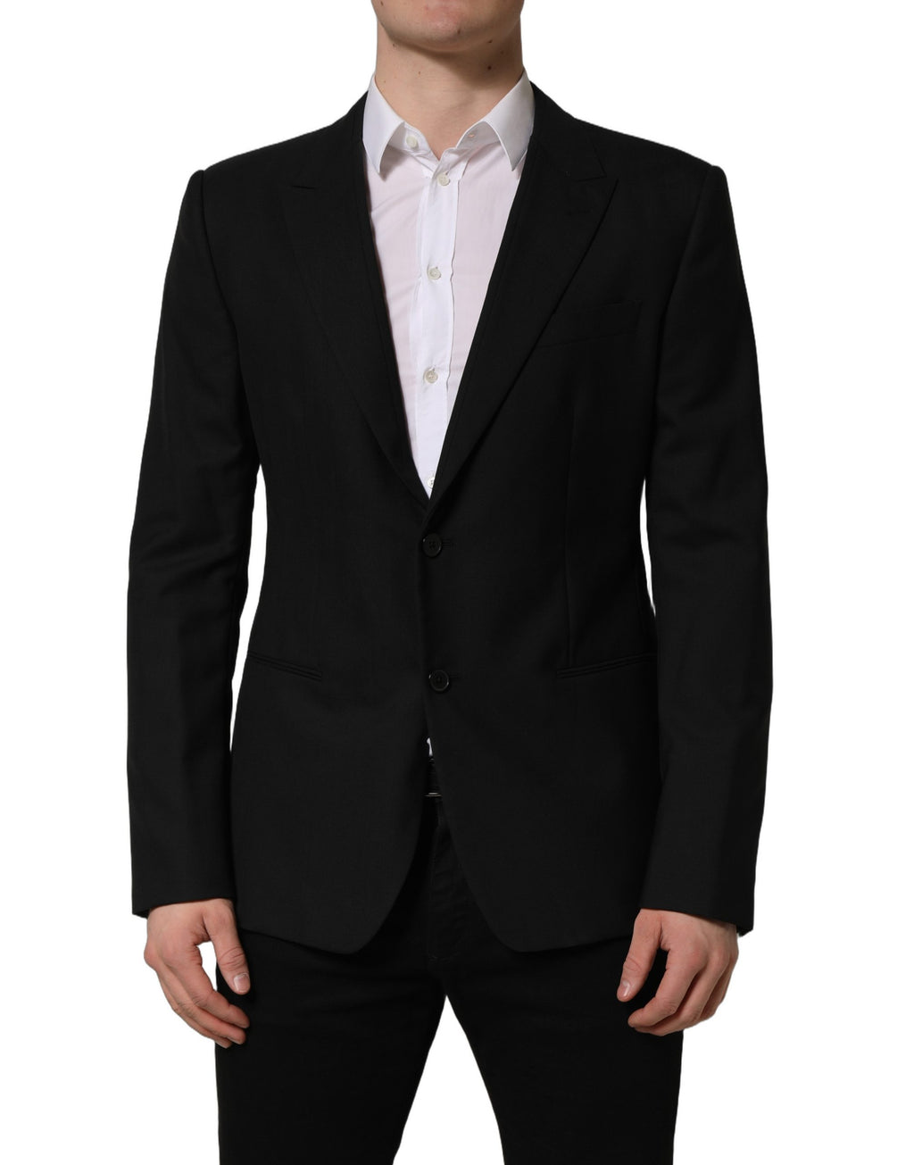 Veste blazer noire en laine Dolce & Gabbana, coupe simple boutonnière, portée sur un mannequin.
