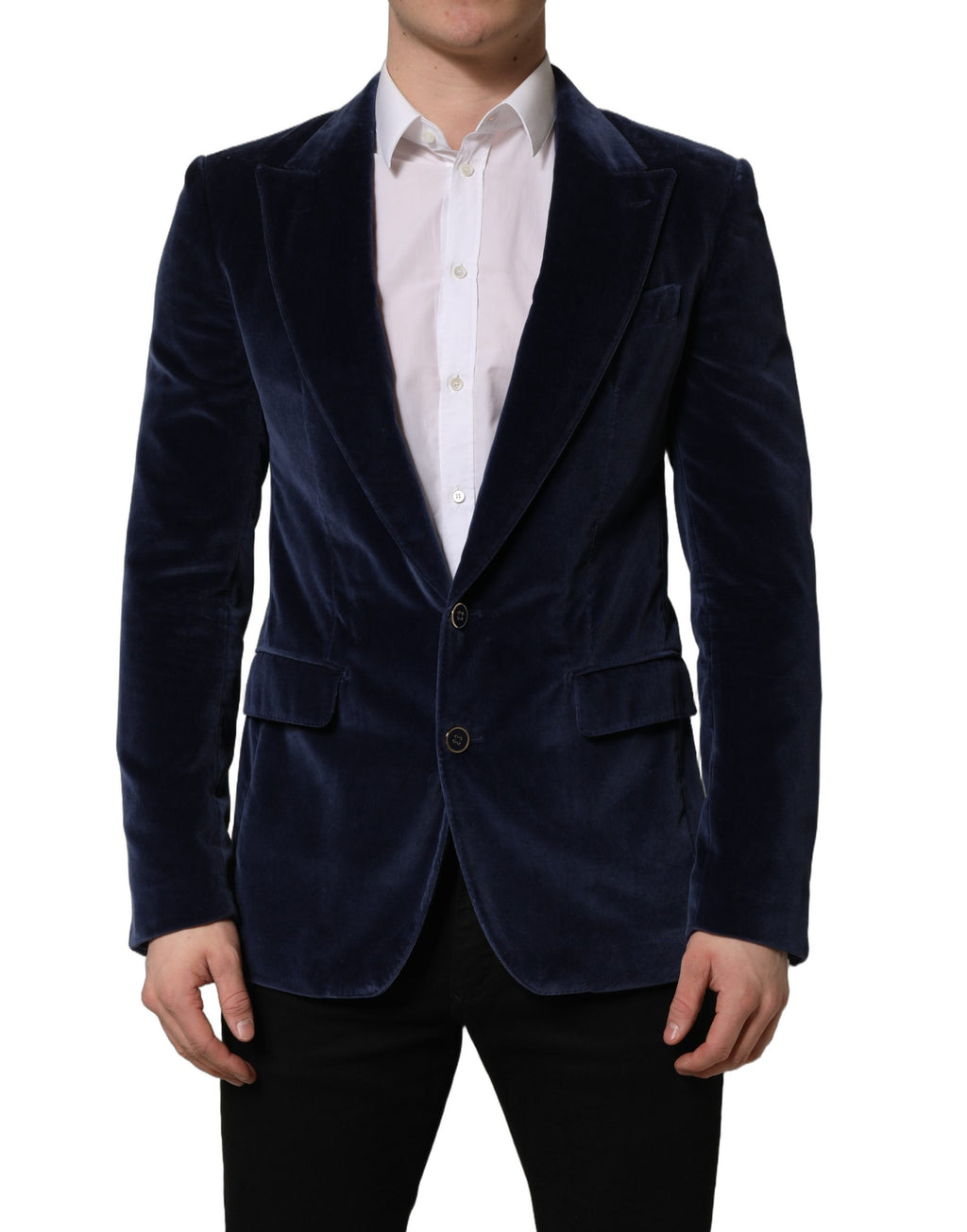 Veste blazer en velours bleu Dolce & Gabbana à un bouton, coupe classique, portée élégante.