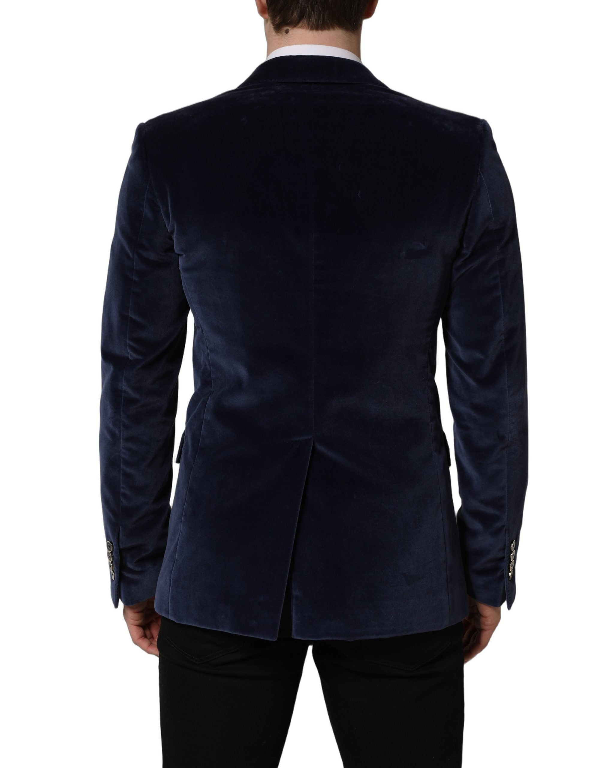 Veste blazer Dolce & Gabbana en velours bleu à un bouton, coupe classique et élégante, visible sur l'image.