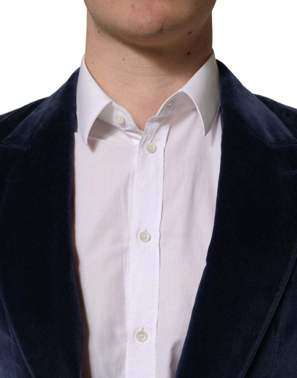 Veste blazer en velours bleu Dolce & Gabbana à boutonnage simple, élégante et sophistiquée.