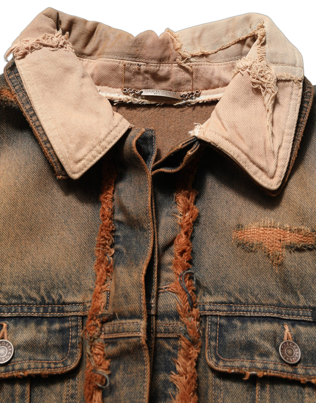 Veste en jean pour homme Dolce & Gabbana à panneaux déchirés multicolores, style décontracté et tendance.