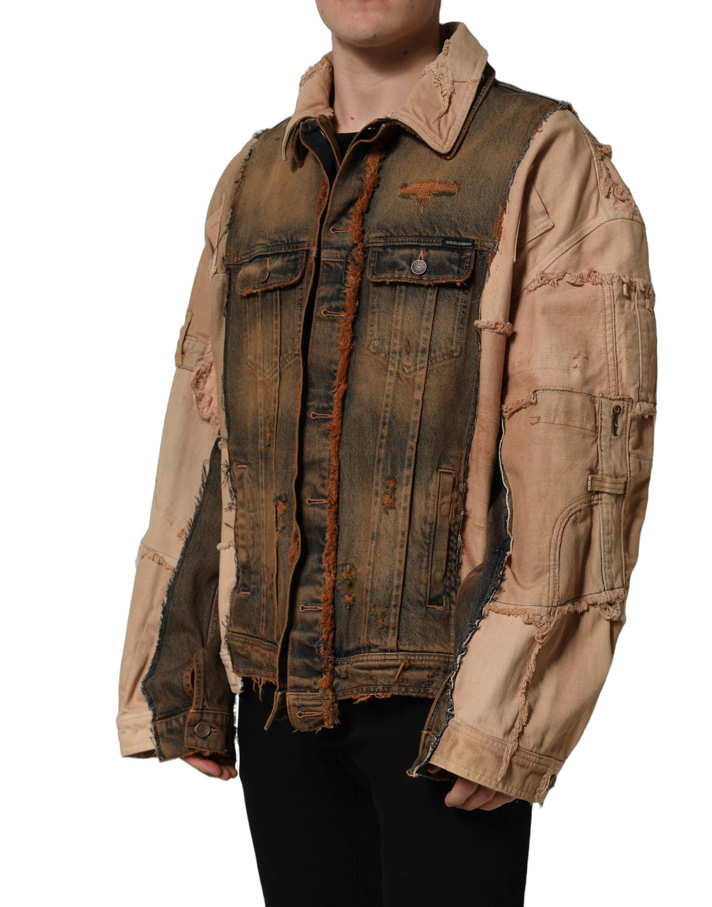 Veste en jean pour homme Dolce & Gabbana, panneaux colorés déchirés, style multicolore et coupe brute.
