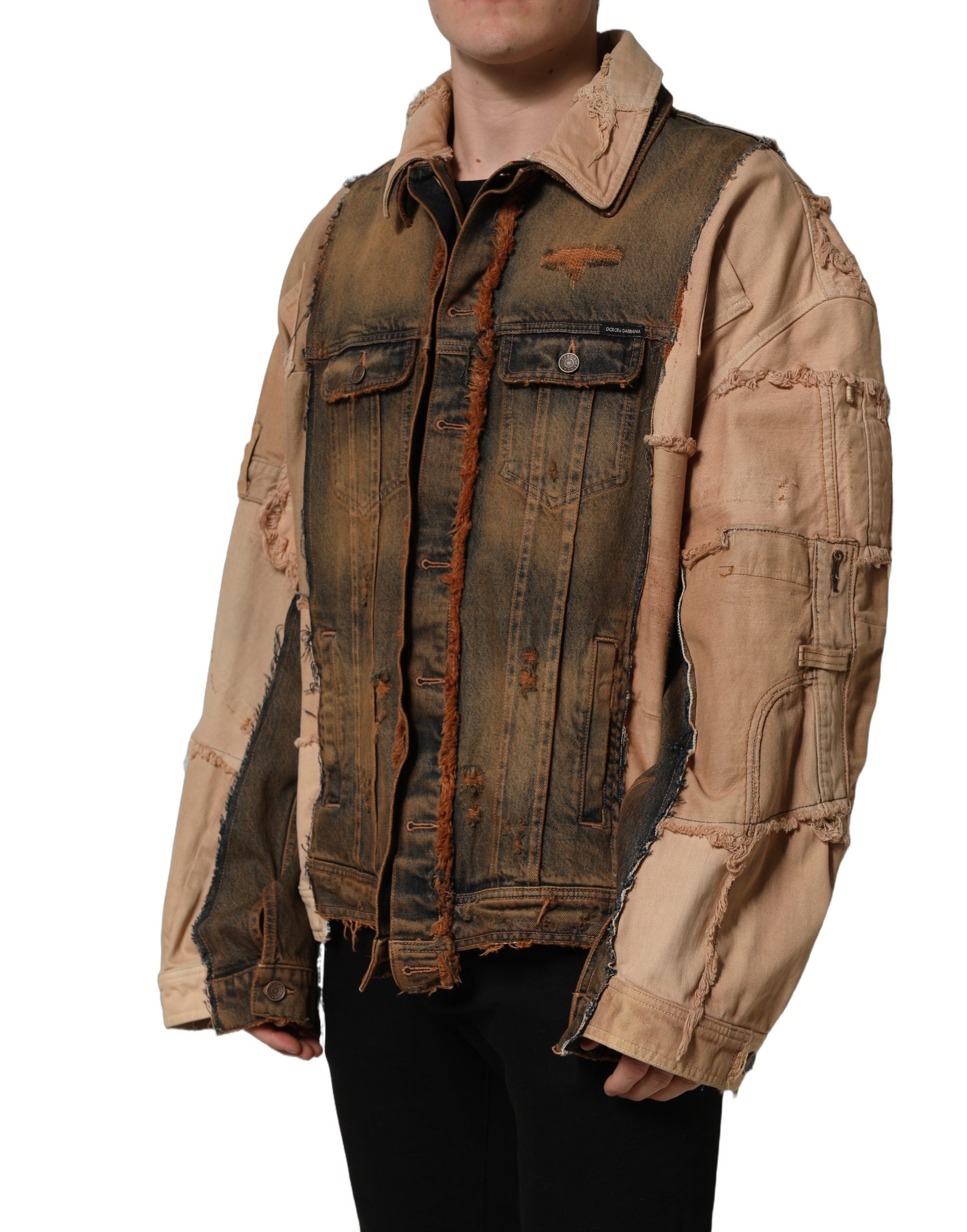 Veste en jean pour homme Dolce & Gabbana, panneaux colorés déchirés, style multicolore et coupe brute.