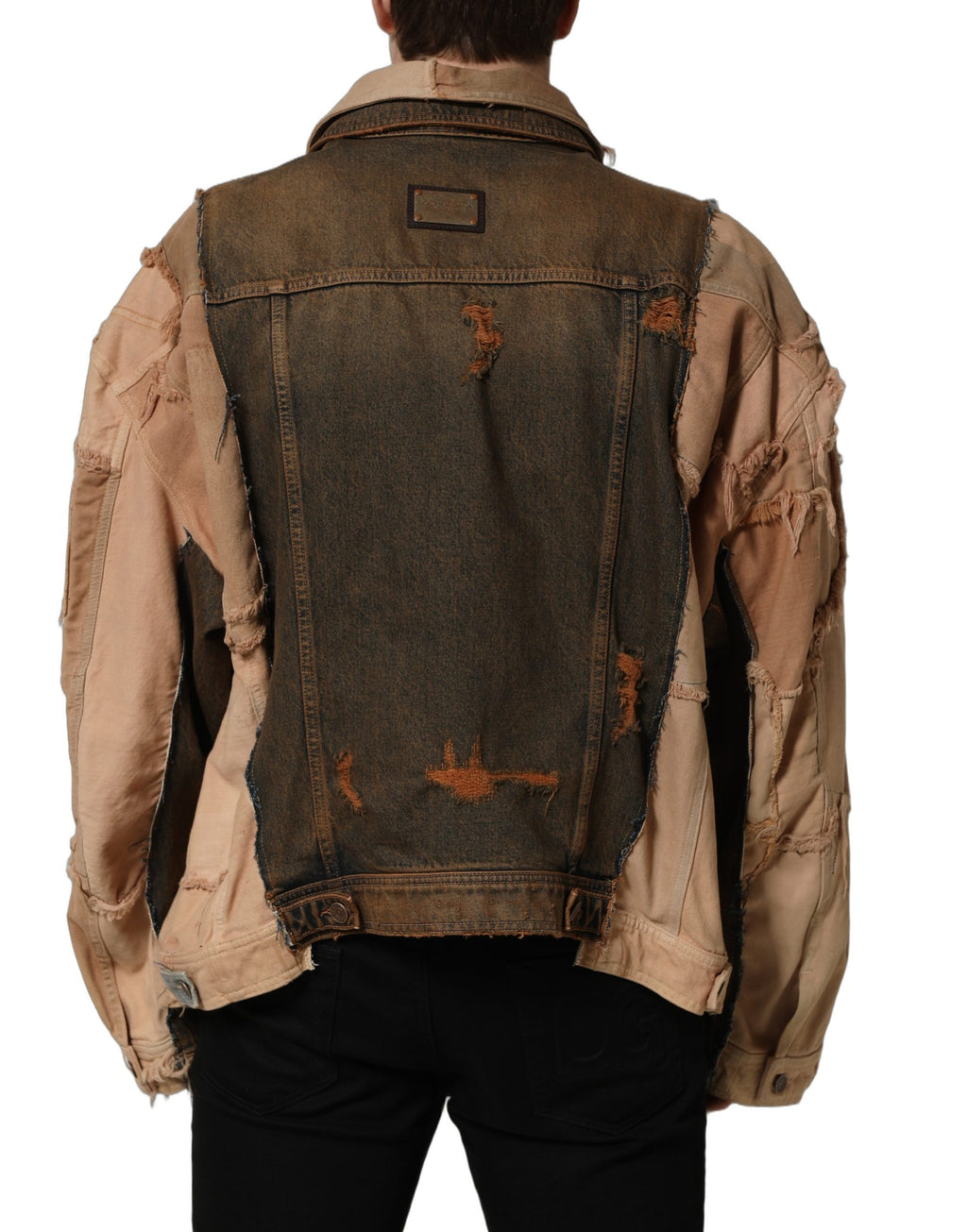 Veste homme en jean multicolore Dolce & Gabbana avec panneaux découpés brut, style tendance et détails colorés.