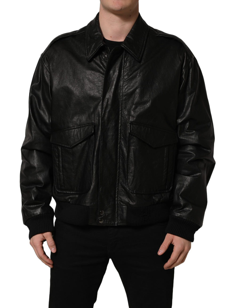Veste en cuir noir pour homme de style motard Dolce & Gabbana avec fermeture éclair complète, col montant et détails en cuir.