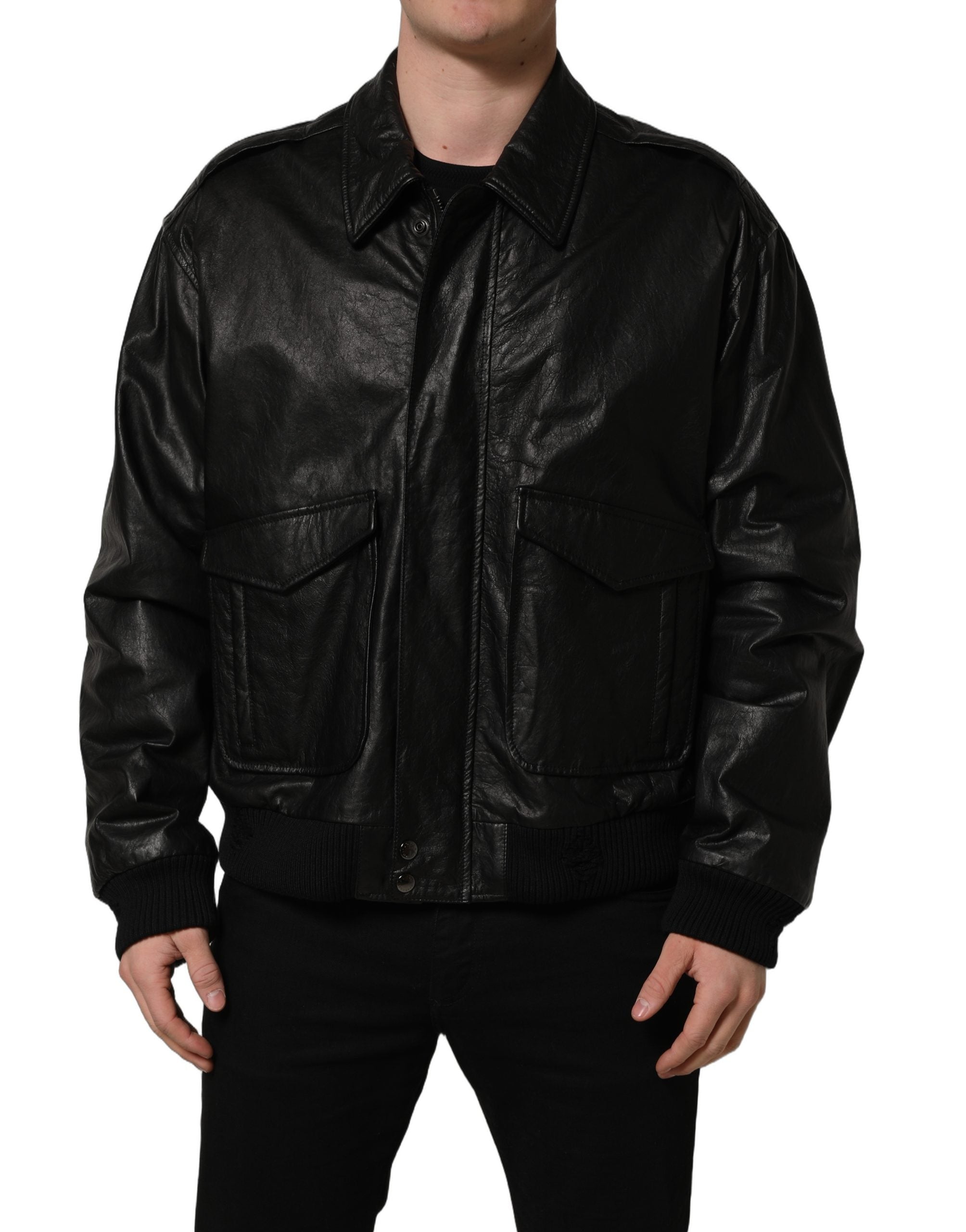 Veste en cuir noir pour homme de style motard Dolce & Gabbana avec fermeture éclair complète, col montant et détails en cuir.