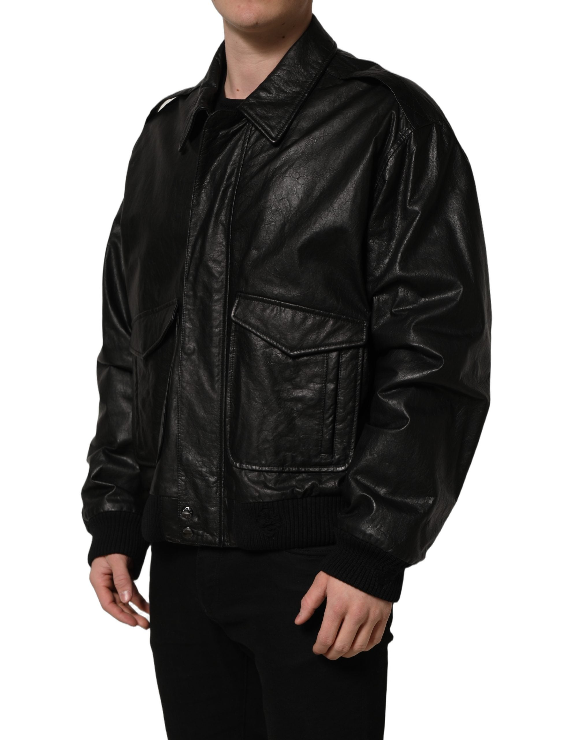 Veste motard noire en cuir pour homme de Dolce & Gabbana avec fermeture éclair complète, style élégant et moderne.