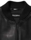 Veste en cuir noir Dolce & Gabbana pour homme, veste de motard avec fermeture éclair complète, style élégant et robuste.
