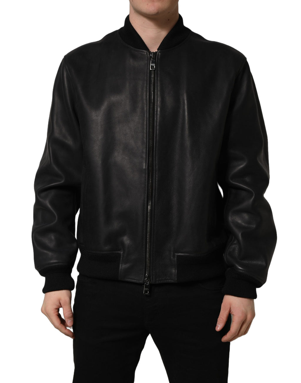 Veste en cuir noir pour homme de style biker avec fermeture éclair complète, signée Dolce & Gabbana.