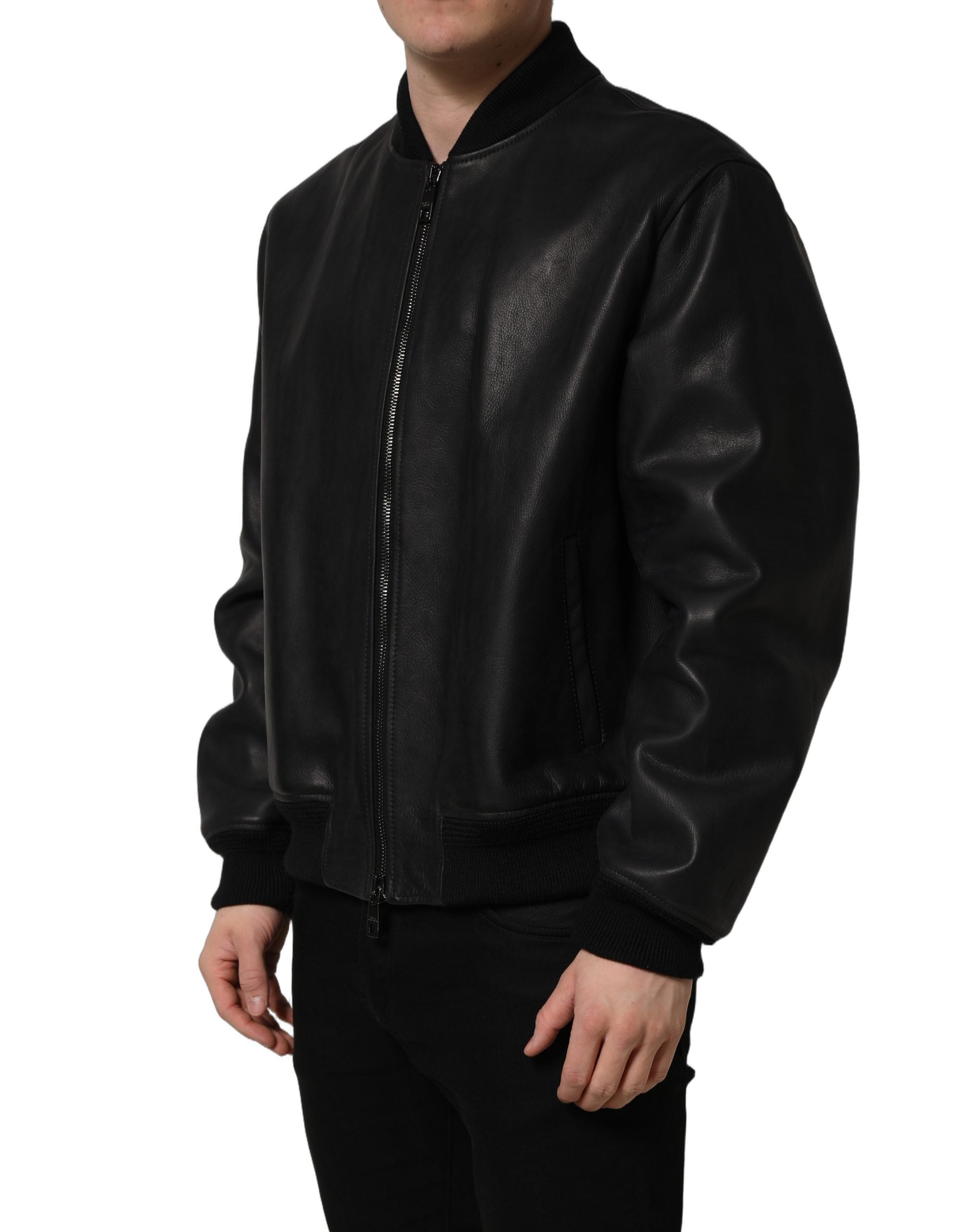 Veste en cuir noir pour homme Dolce & Gabbana avec fermeture éclair complète, style motard et détails élégants.