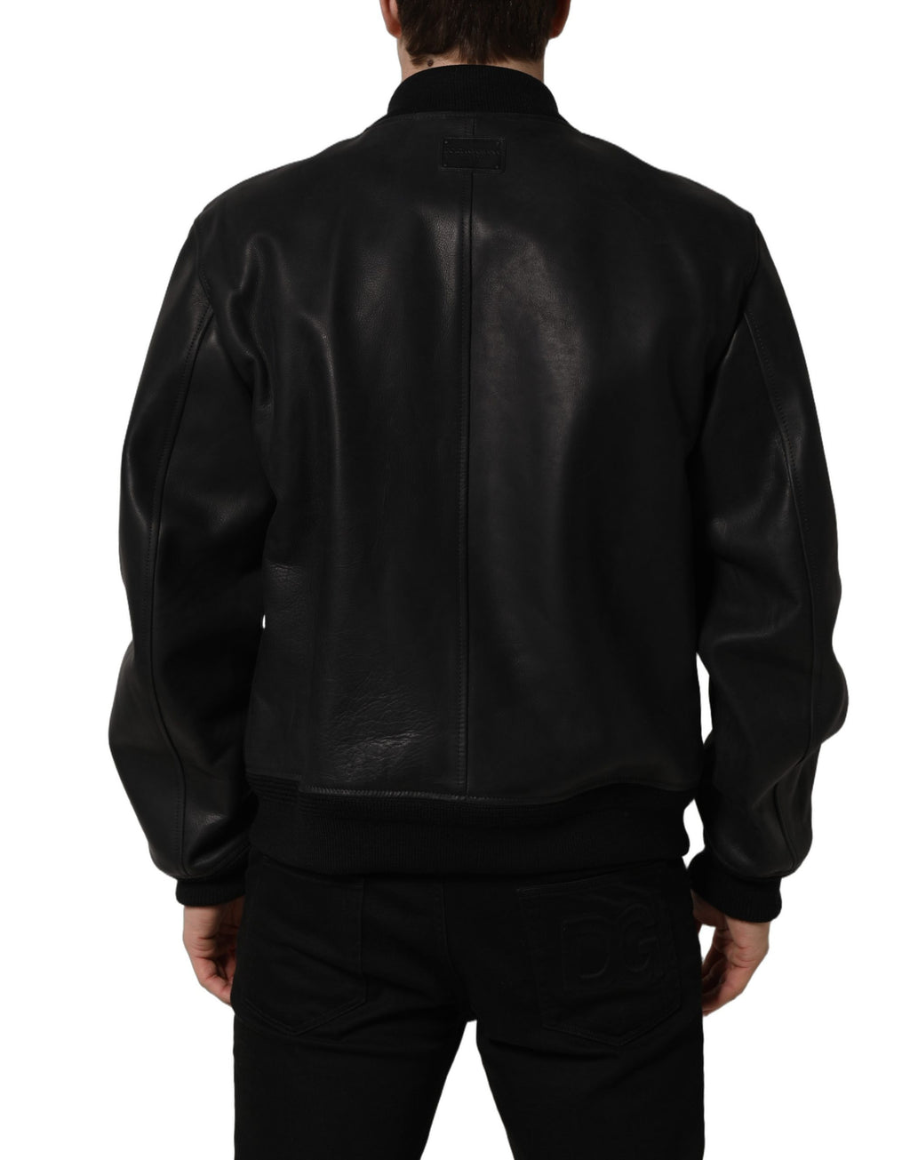 Veste en cuir noir pour homme de style motard Dolce & Gabbana, fermeture éclair complète, coupe élégante et moderne.