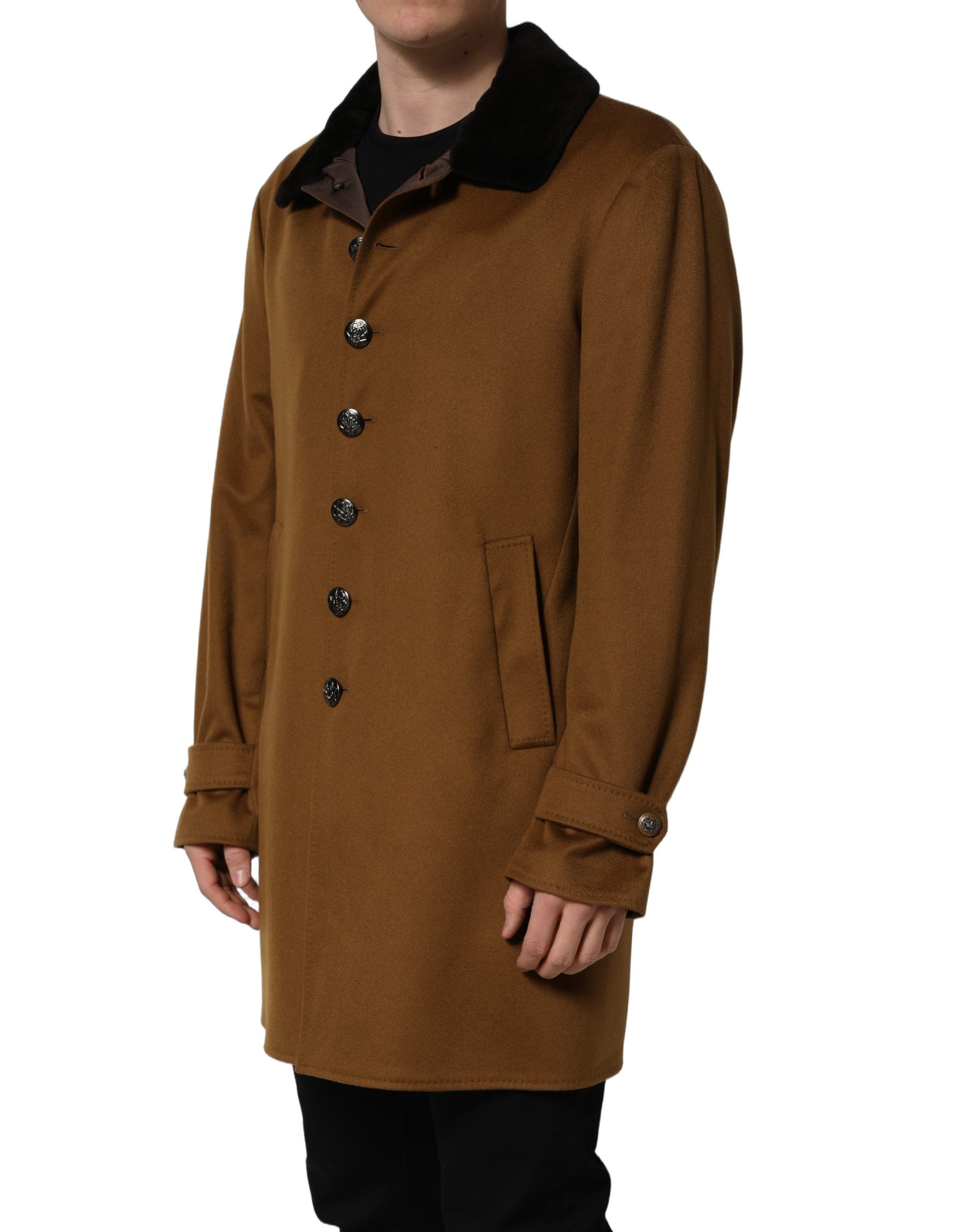 Manteau homme Dolce & Gabbana en cachemire marron avec fourrure de vison, veste élégante en laine de luxe.