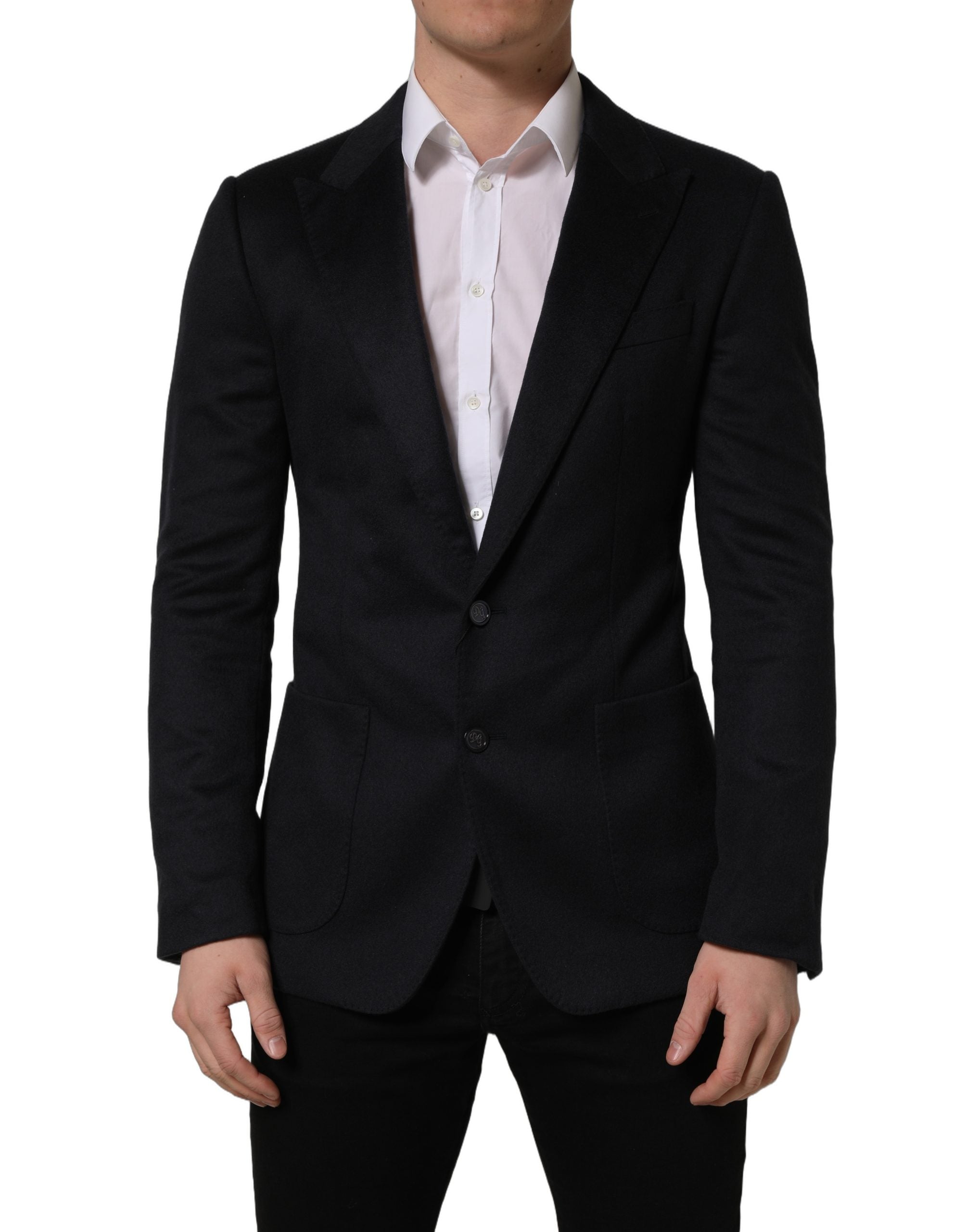 Blazer en cachemire noir Dolce & Gabbana, coupe simple, à un bouton, avec revers en satin, élégant et sophistiqué.