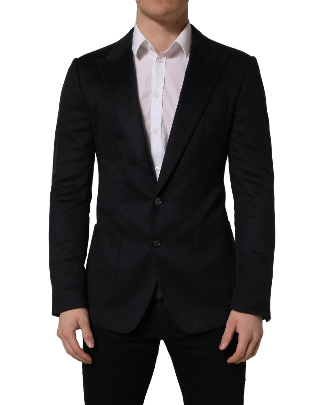 Veste blazer en cachemire noir Dolce & Gabbana à boutonnière simple, élégante et sophistiquée, vue de face.