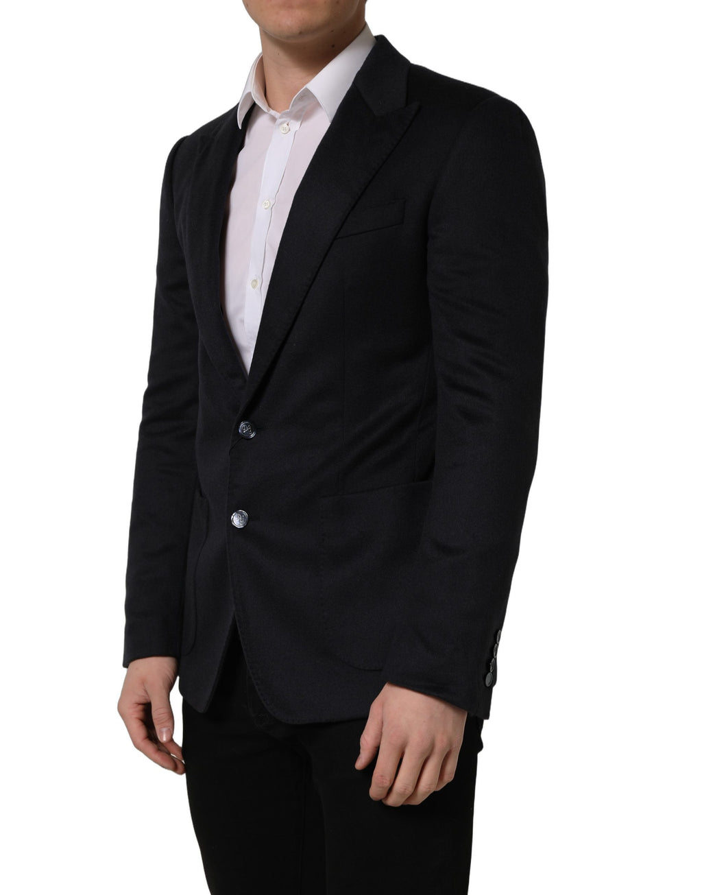 Veste blazer en cachemire noir Dolce & Gabbana à boutonnière simple, élégante et sophistiquée, vue de face.