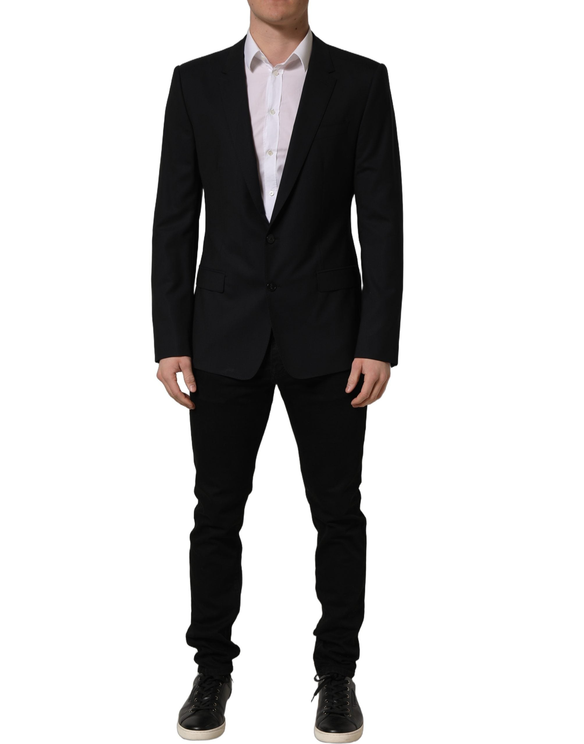 Blazer noir en laine à un bouton Dolce & Gabbana, coupe classique, porté sur un mannequin.