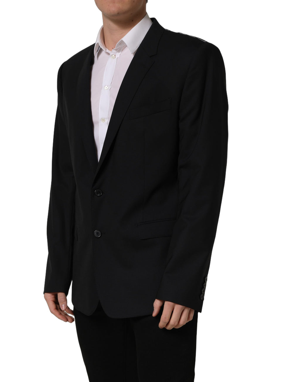 Veste blazer en laine noire Dolce & Gabbana à boutonnière simple, élégante et classique, vue de face sur un fond neutre.