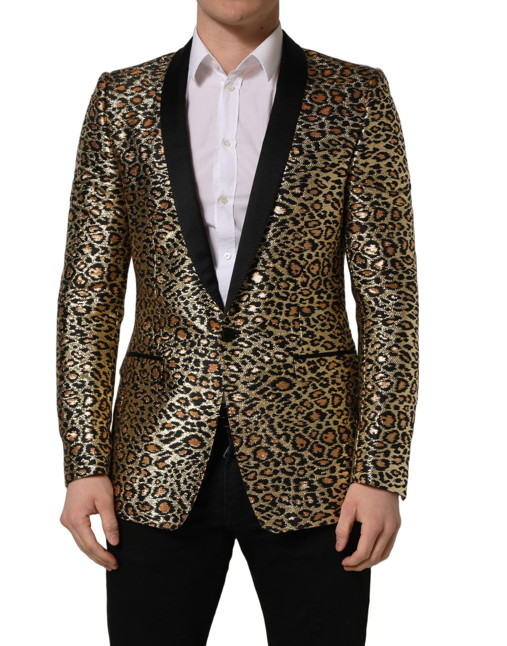 Manteau pour homme Dolce & Gabbana en or avec imprimé léopard, coupe simple à boutonnière, style élégant et tendance.