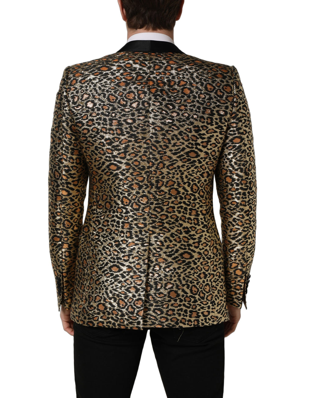 Manteau pour homme Dolce & Gabbana en or à motif léopard, coupe croisée à simple boutonnage, style élégant et tendance.