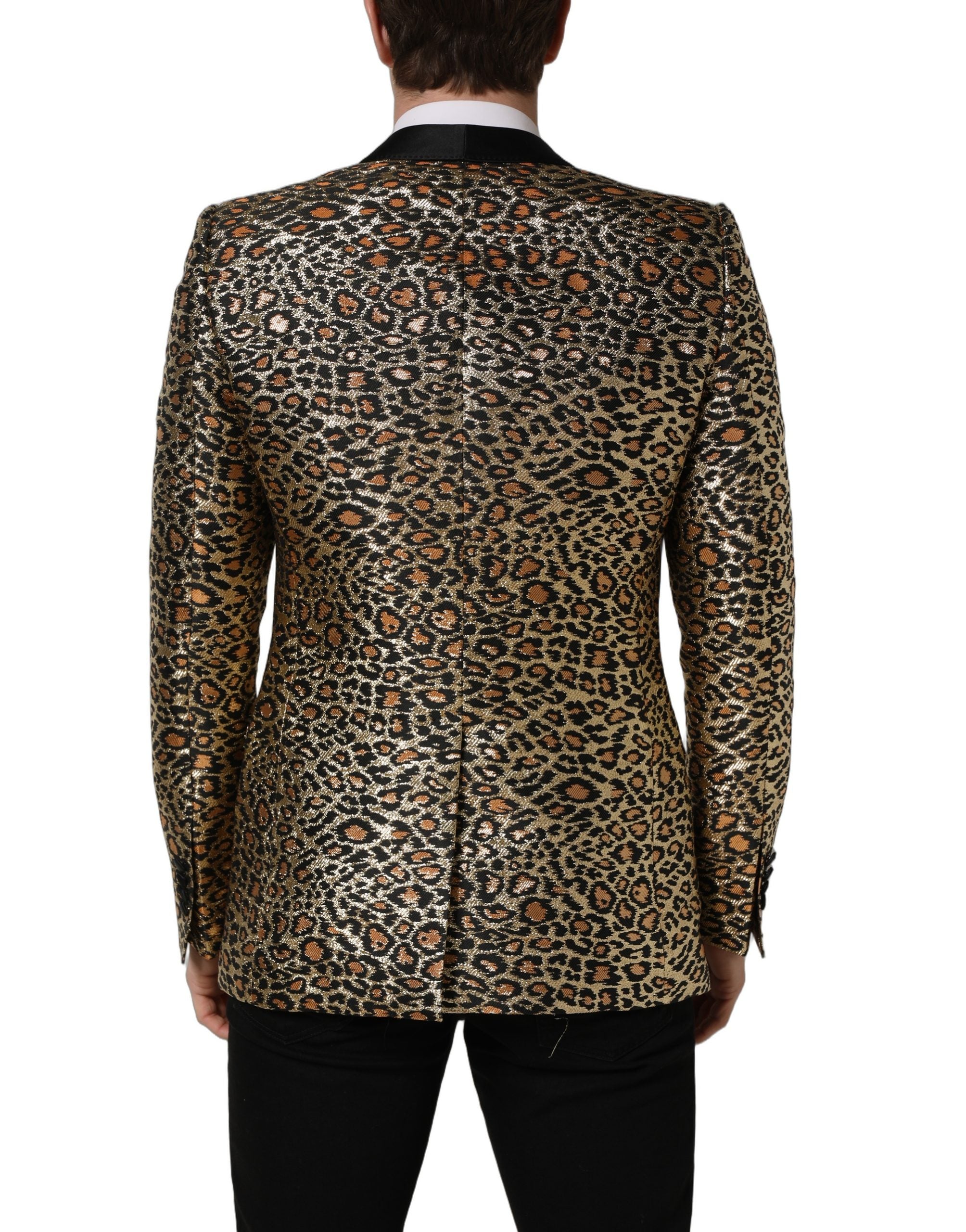 Manteau pour homme Dolce & Gabbana en or à motif léopard, coupe croisée à simple boutonnage, style élégant et tendance.
