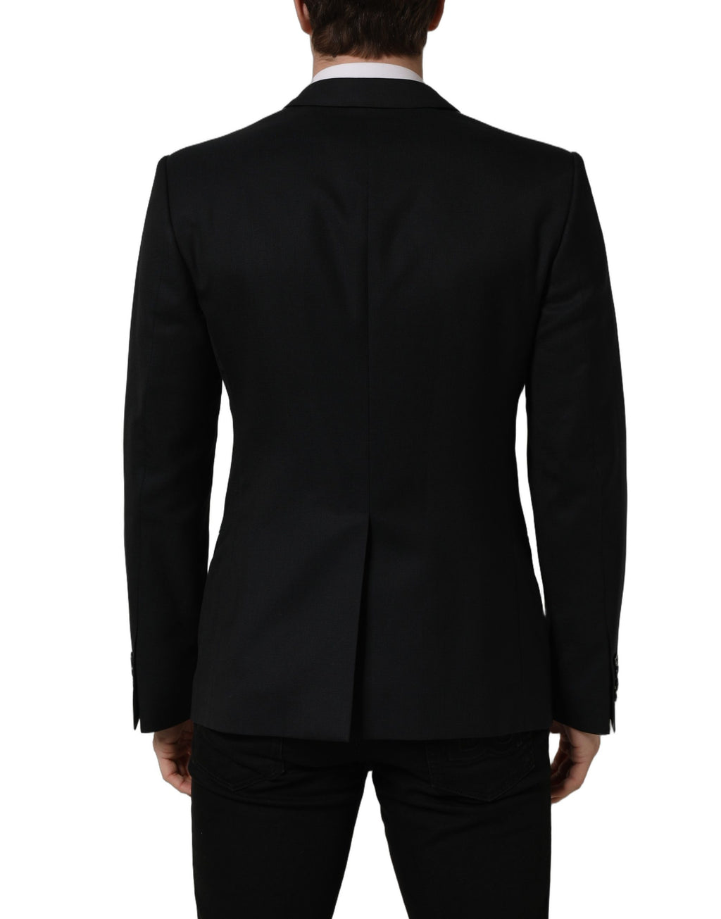 Veste blazer en laine noire Dolce & Gabbana à boutonnière simple, élégante et structurée, portée sur fond blanc.