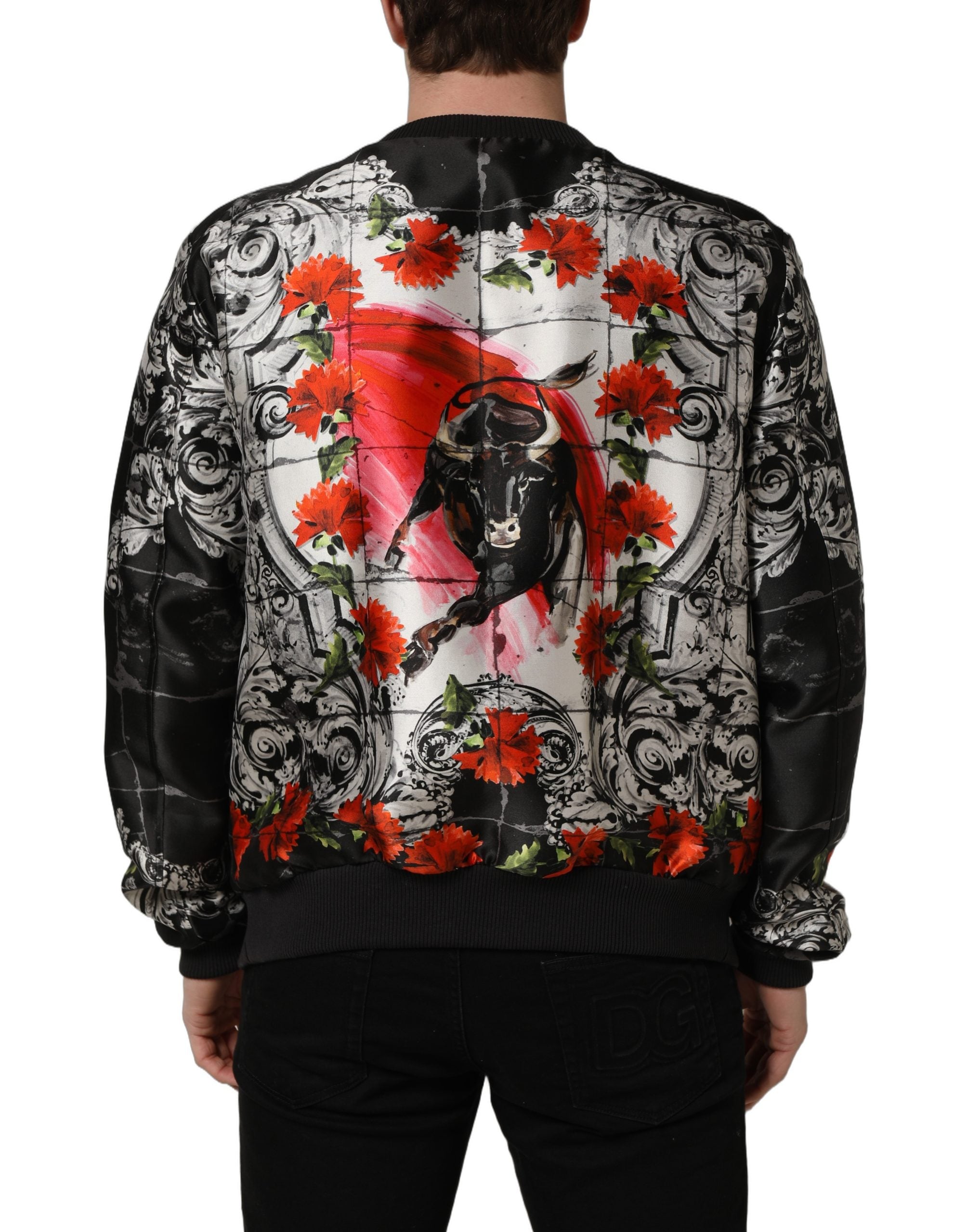 Veste bomber Dolce & Gabbana à motif multicolore Majolica avec taureau, style tendance et design coloré.