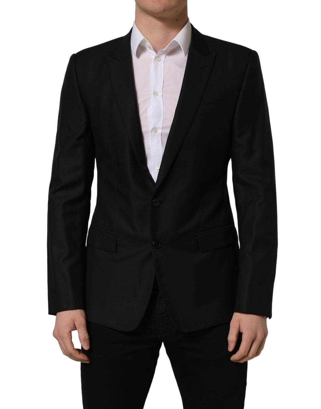 Veste blazer en laine noire Dolce & Gabbana à boutons simples, coupe élégante et classique, vue de face.