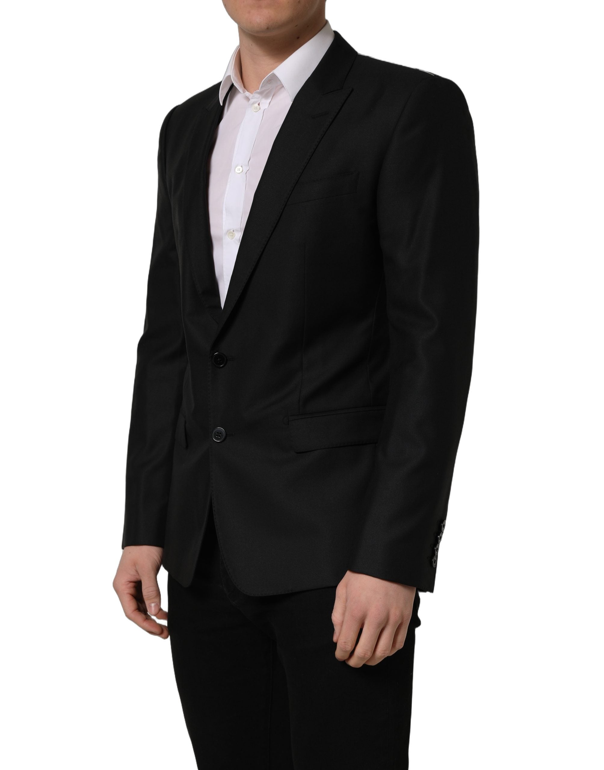 Veste blazer en laine noire Dolce & Gabbana à boutonnière simple, élégante et ajustée, vue de face.