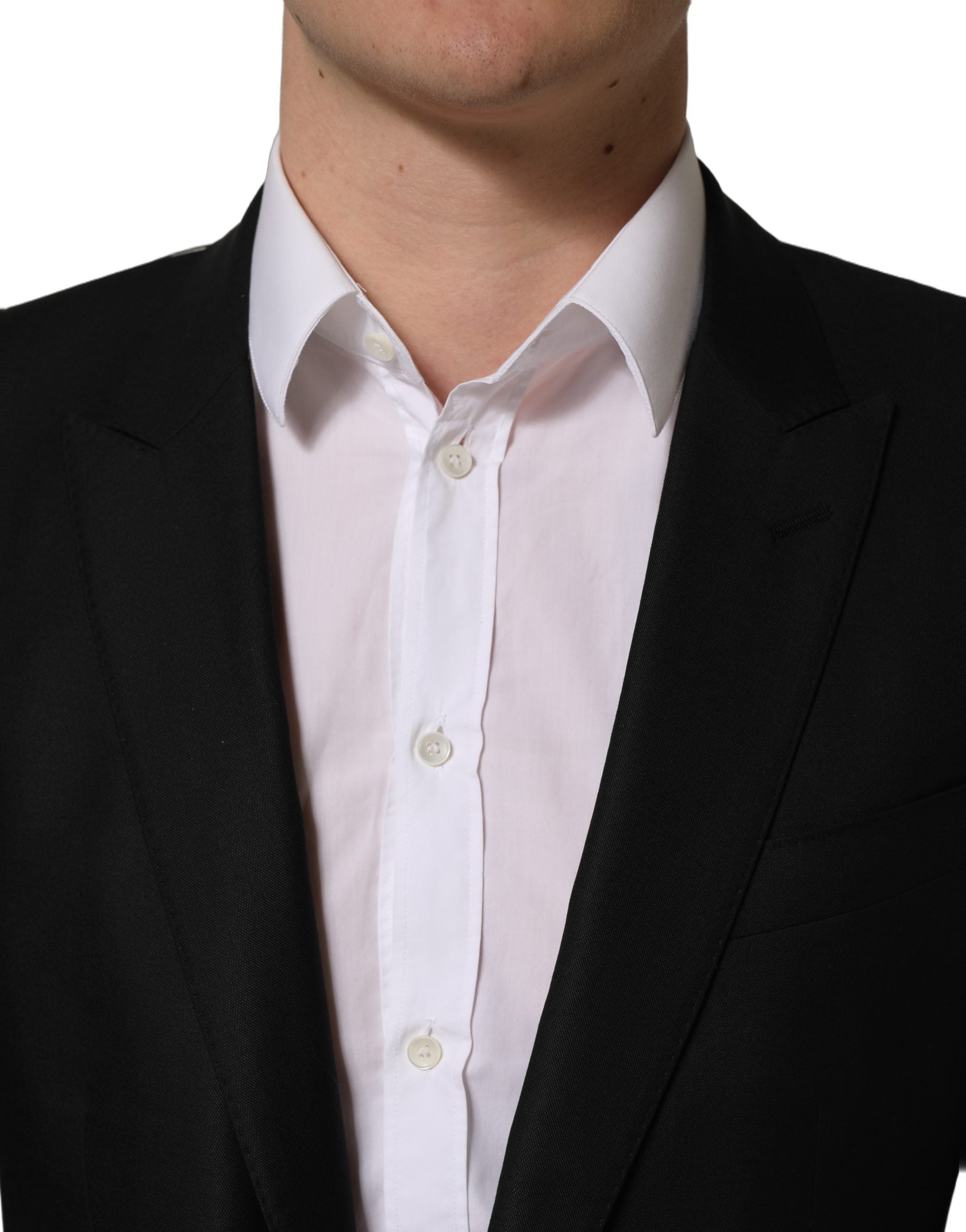 Veste blazer en laine noire Dolce & Gabbana à boutonnage simple, élégante et ajustée, vue de face sur un fond neutre.