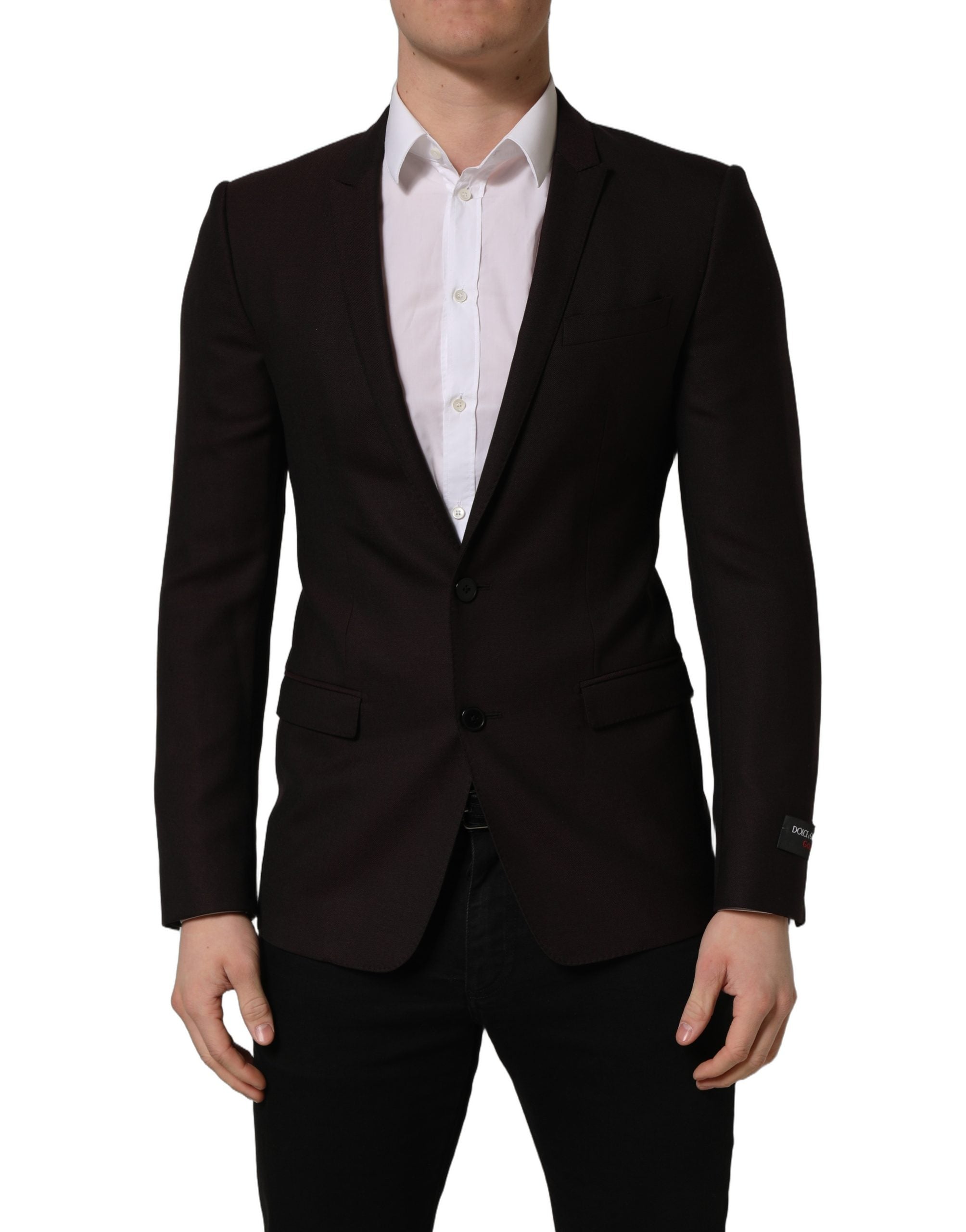 Veste pour homme Dolce & Gabbana en laine marron à un bouton, style classique, avec détails dorés sur le devant.