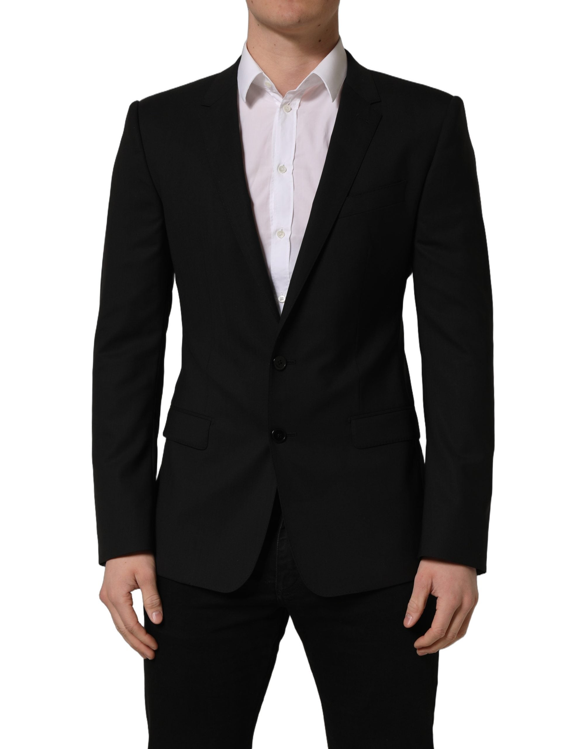 Blazer noir en laine Dolce & Gabbana, veste à simple boutonnage, élégante et classique, portée sur un mannequin.