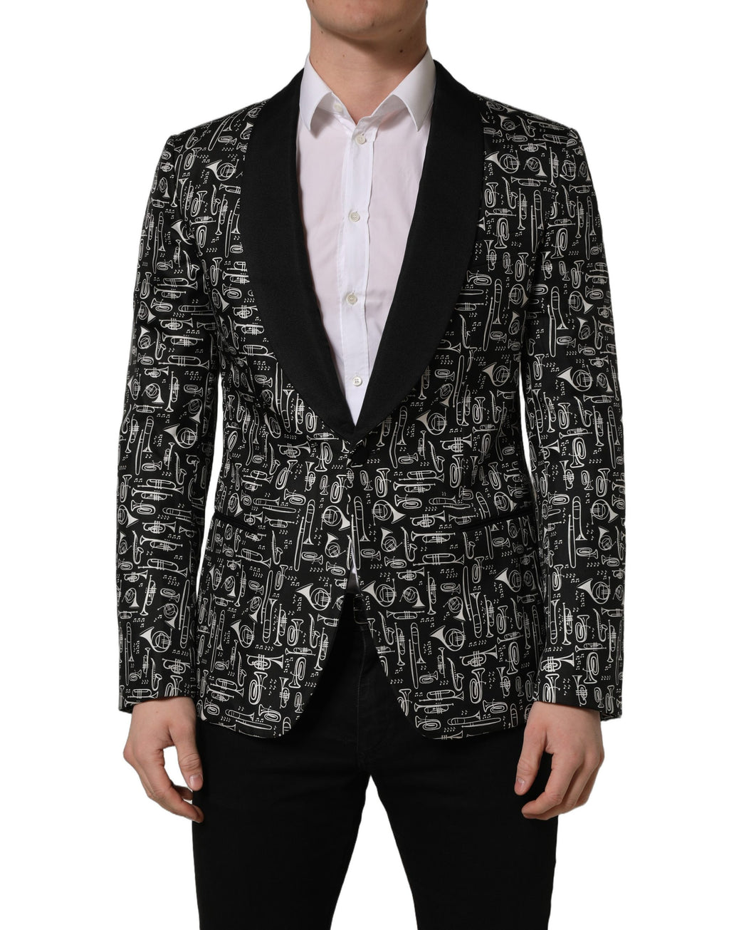 Veste blazer Dolce & Gabbana noire ornée de cristaux étincelants, élégante et sophistiquée, vue de face sur mannequin.