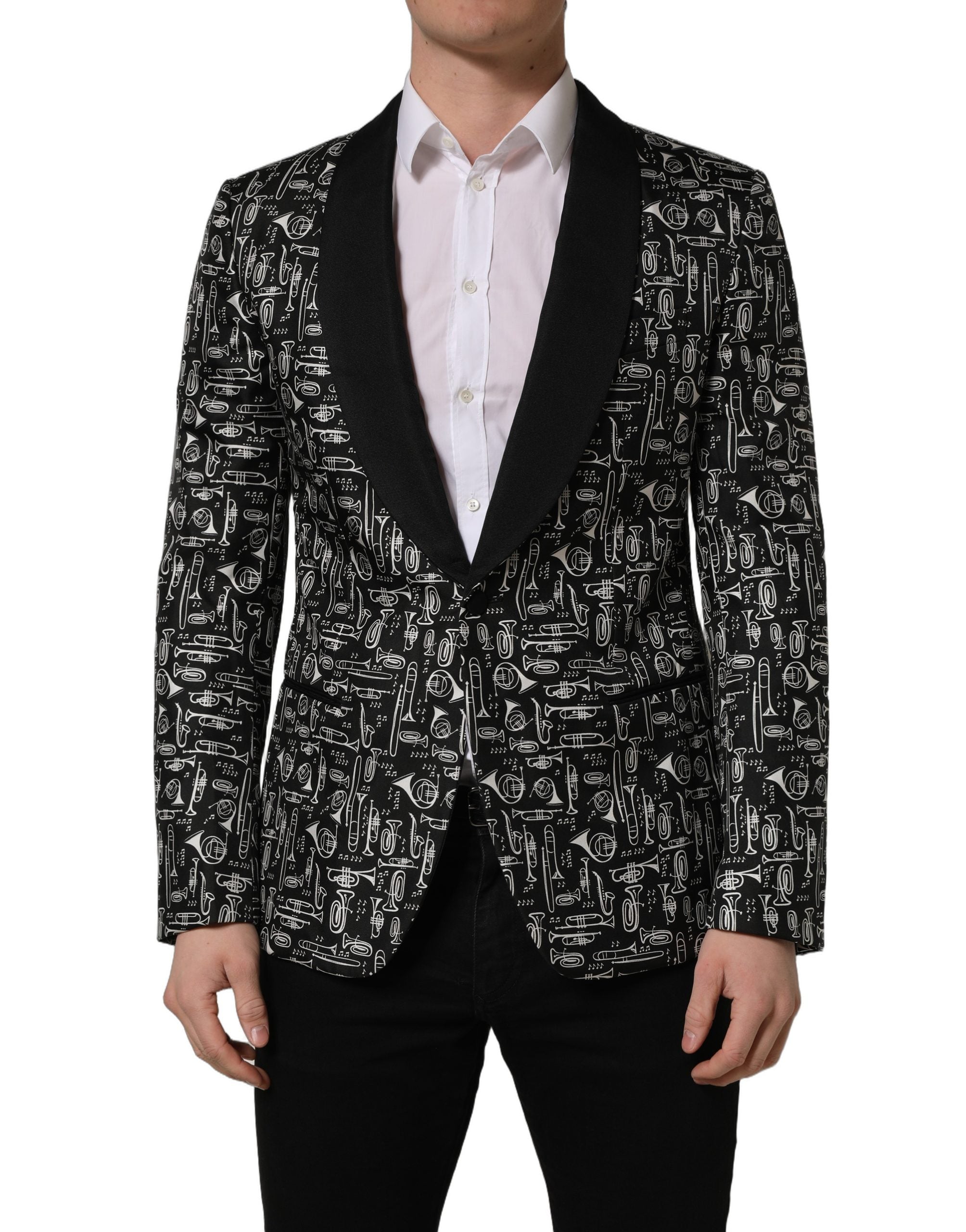 Veste blazer Dolce & Gabbana noire ornée de cristaux étincelants, élégante et sophistiquée, vue de face sur mannequin.